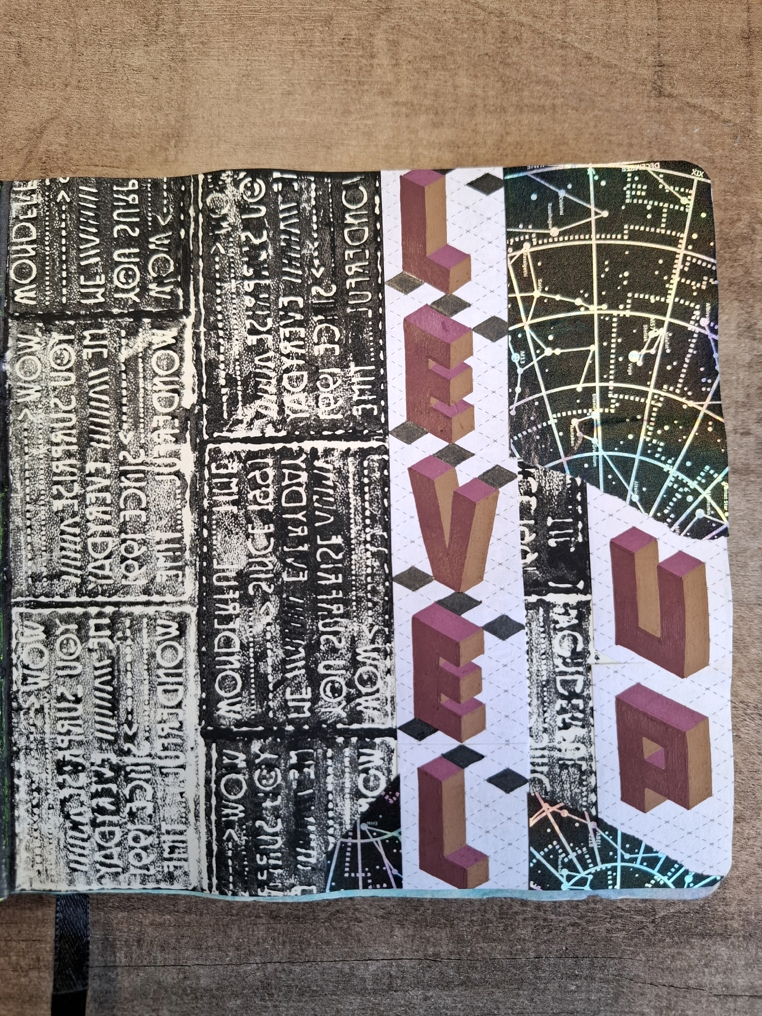 The image shows a close-up view of a piece of paper or cardstock with a collage of different textures and designs. The background appears to be a wooden surface.
The paper itself is divided vertically into sections. On the left side, there are several rectangular blocks with a black background and white, textured lettering that appears to be in reverse and fragmented. Some of these blocks contain what look like rows of small dots. Interspersed between these blocks are vertical strips of white with faint, geometric patterns.
To the right of these textured blocks, there is a section featuring large, three-dimensional block letters. These letters are rendered in shades of brown and reddish-purple, with shadows suggesting depth. The letters visible are "L", "E", "V", "E", and "L".
Further to the right, there is a section with a black background covered in a starry night sky pattern, with faint, thin lines connecting the "stars" to form constellations. This section has a holographic or iridescent quality, reflecting light. There are also some small labels or names scattered across this constellation pattern.
The overall impression is that of a handmade collage or a page from an art journal. There are no people or animals visible in the image. The environment is a flat, textured surface, likely wood, on which the paper object is placed. There is no indication of a location in the city of Tyumen, Russia, or any other specific geographical location.