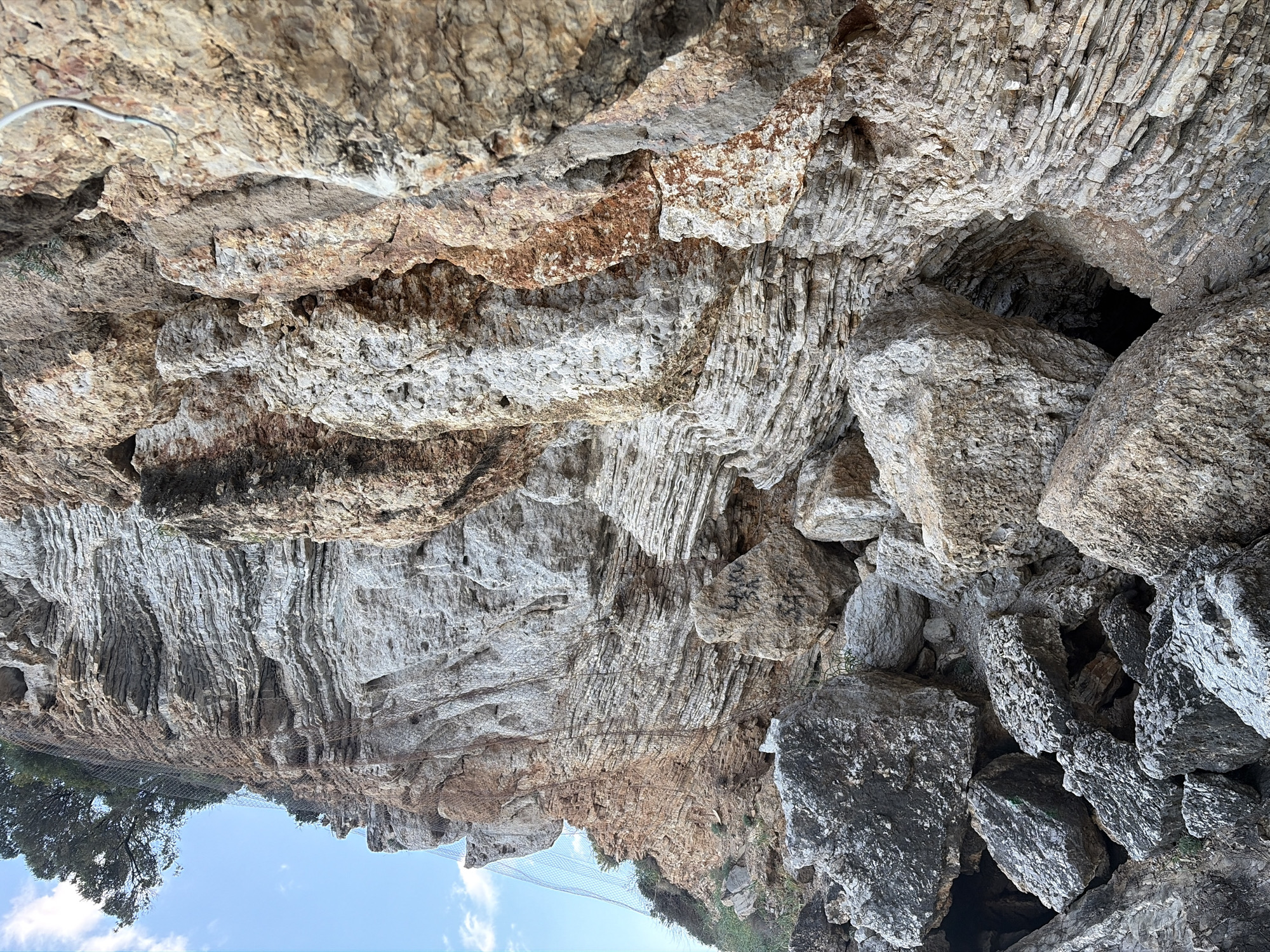 The image depicts a rock formation in Budva, Montenegro, oriented vertically. The sky with some clouds is visible at the bottom. A single tree and foliage are on the left side. A protective net is visible on the lower left section of the formation. The rock face has visible layering and variations in color from light gray to brown. A cluster of large, rough rocks are clustered on the right side of the image. An opening or small cave is between the layers.
