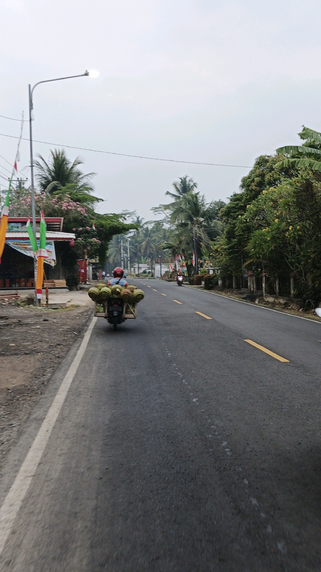 A person wearing a red helmet and a blue shirt is riding a motorcycle on a paved road in Sukaresik, Indonesia. The motorcycle is loaded with what appear to be several green gas cylinders on the back. The road has a white line on the left and yellow lines in the center. On the left side of the road, there are several small shops or stalls with flags and some pink flowers. Palm trees and other green foliage are visible on both sides of the road. The sky is overcast. Another motorcycle is visible further down the road in the distance.
