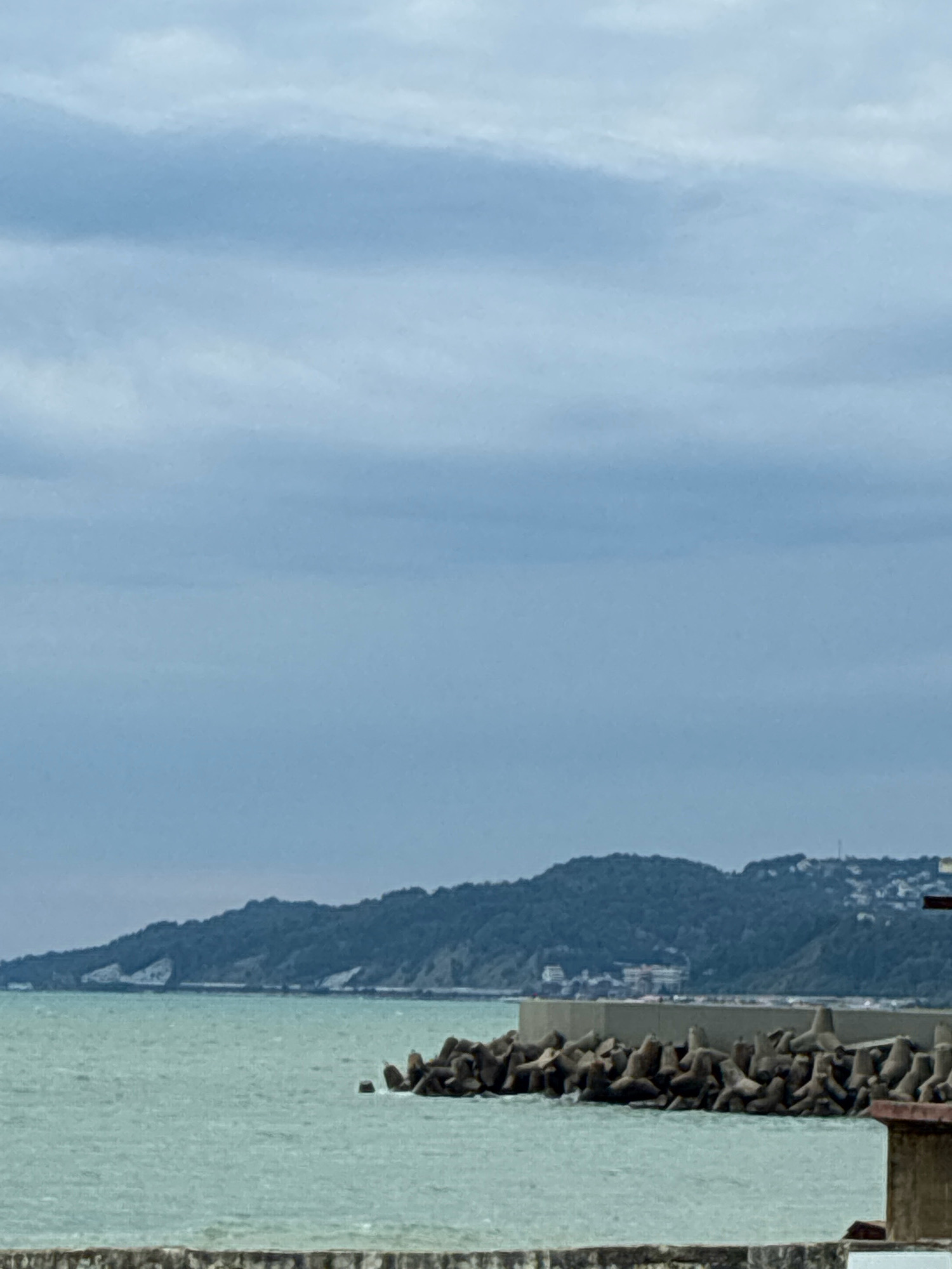 The image depicts a coastal scene with a muted color palette under an overcast sky. In the foreground, a section of a concrete structure, possibly a wall or embankment, is visible along the bottom edge. The middle ground is dominated by the calm, greenish-blue sea, with a line of tetrapods, a type of concrete armour unit, forming a breakwater stretching from right to left. Beyond the breakwater, a low, green, tree-covered hill slopes down to the sea. The distant horizon features the blurry outline of more hills and a scattering of buildings, suggesting a populated coastal area. The overall impression is one of a slightly hazy, temperate day on the coast. This scene is consistent with the coastline of Sochi, Russia, a city known for its Black Sea resorts and mountainous backdrop.