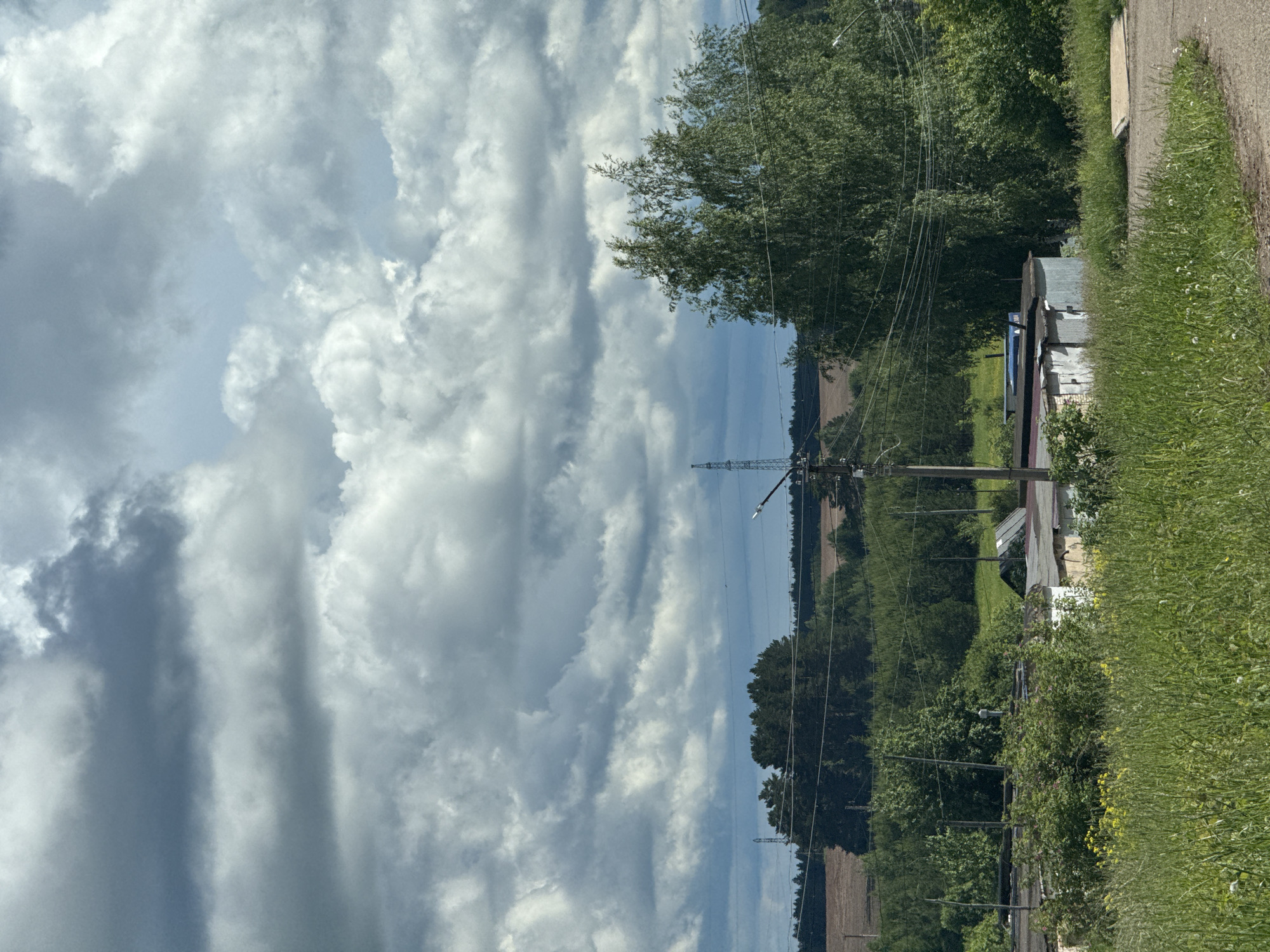 This image, originally presented in a vertical orientation, captures a sprawling rural landscape under a dynamic sky during daytime. The majority of the frame is filled with a vast, partly cloudy sky, featuring large, dramatic cumulus clouds in various shades of white and grey, interspersed with clear patches of light blue.
The lower portion of the image reveals a vibrant green environment. On the right, an unpaved road or path runs alongside tall, dense green grass and some wildflowers. Adjacent to this, a small, unassuming building with a corrugated metal roof and light-colored walls is visible, partially obscured by lush green bushes and trees. Numerous utility poles with multiple power lines stretch across the midground, suggesting infrastructure in a less urbanized setting.
Further into the background, a thick band of green trees forms a natural boundary, beyond which lie open fields—some appearing tilled and brown, others covered in green vegetation. A prominent, tall metal tower, likely a communication mast or electrical pylon, stands against the sky in the far midground. The scene portrays a tranquil, expansive countryside typical of rural areas, fitting the context of Прикамский, Russia. There are no people visible, and no discernible text.