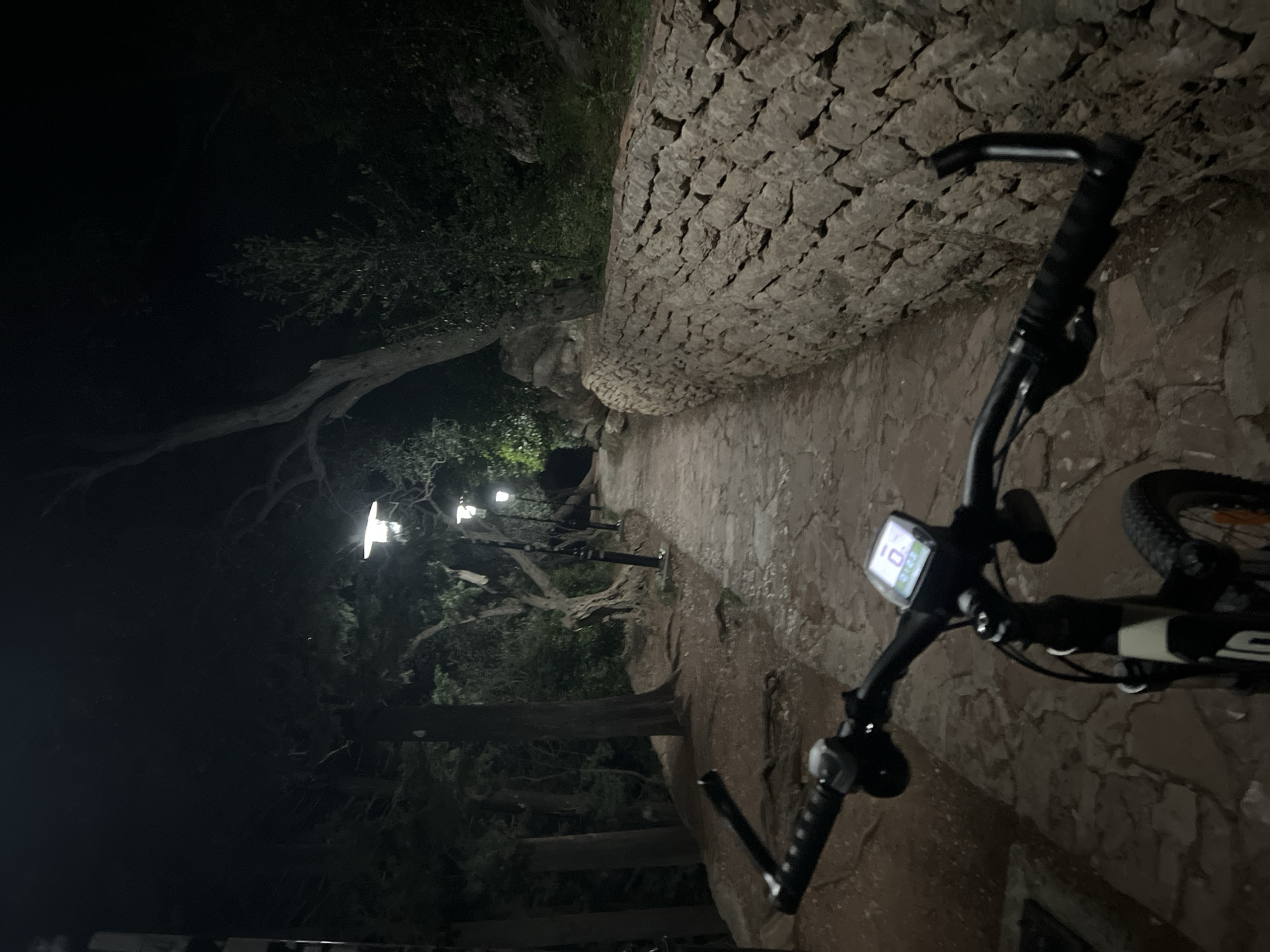 The image shows a view from the handlebars of a bicycle on a narrow, paved path. The path is lined by a stone wall on the right and a tree line on the left, illuminated by street lights. The location is Rađenovići, Montenegro.