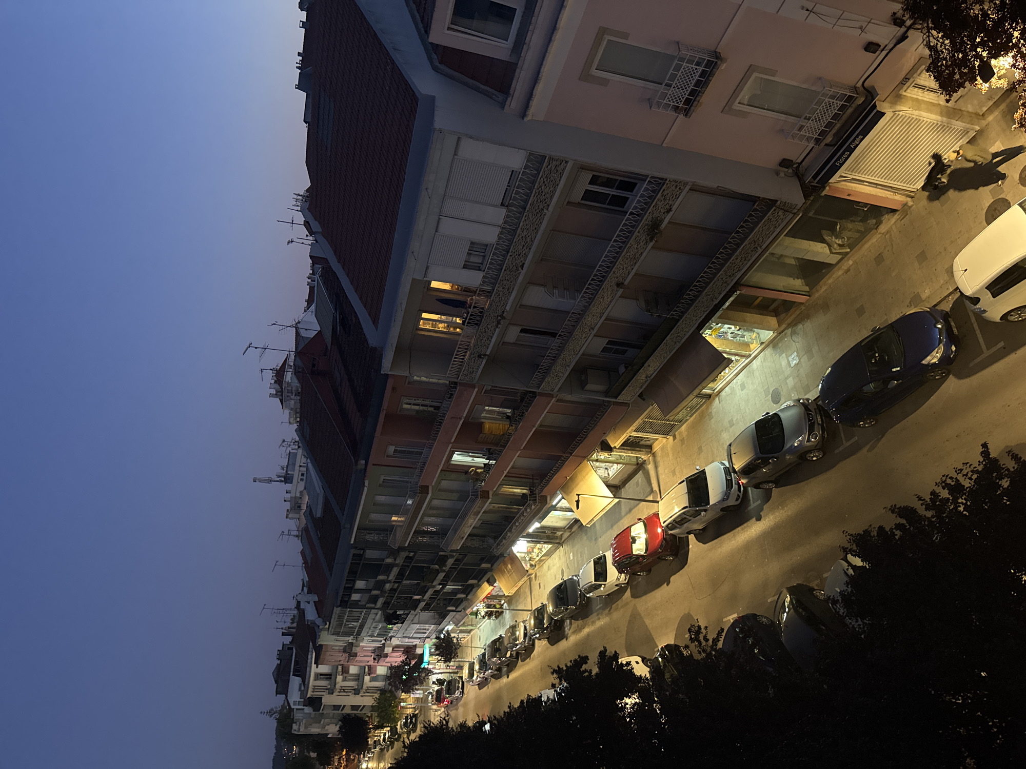 An elevated, oblique, wide-angle shot captures a street scene at dusk in Algés, Portugal. The twilight sky is a deep blue, transitioning to lighter shades near the horizon. Buildings line both sides of the street, featuring multiple stories with apartments above ground-floor commercial spaces. Red-tiled roofs are visible, and many buildings have balconies with decorative railings.
The street is paved and lined with parked cars. From the foreground, moving up the street, are a white hatchback, a dark blue sedan, a silver SUV, a white crossover, a red SUV, a silver sedan, a darker sedan, and several other vehicles further up the street. Streetlights cast pools of yellow light on the road and sidewalks.
On the right side of the street, several storefronts are visible, some with closed metal roll-down shutters, others with awnings. One storefront has a sign reading "Flores Algés." A person is walking on the sidewalk, casting a long shadow. Trees with dark foliage flank the left side of the street, obscuring some of the buildings. The overall impression is a quiet residential and commercial street in a European town as evening settles in.