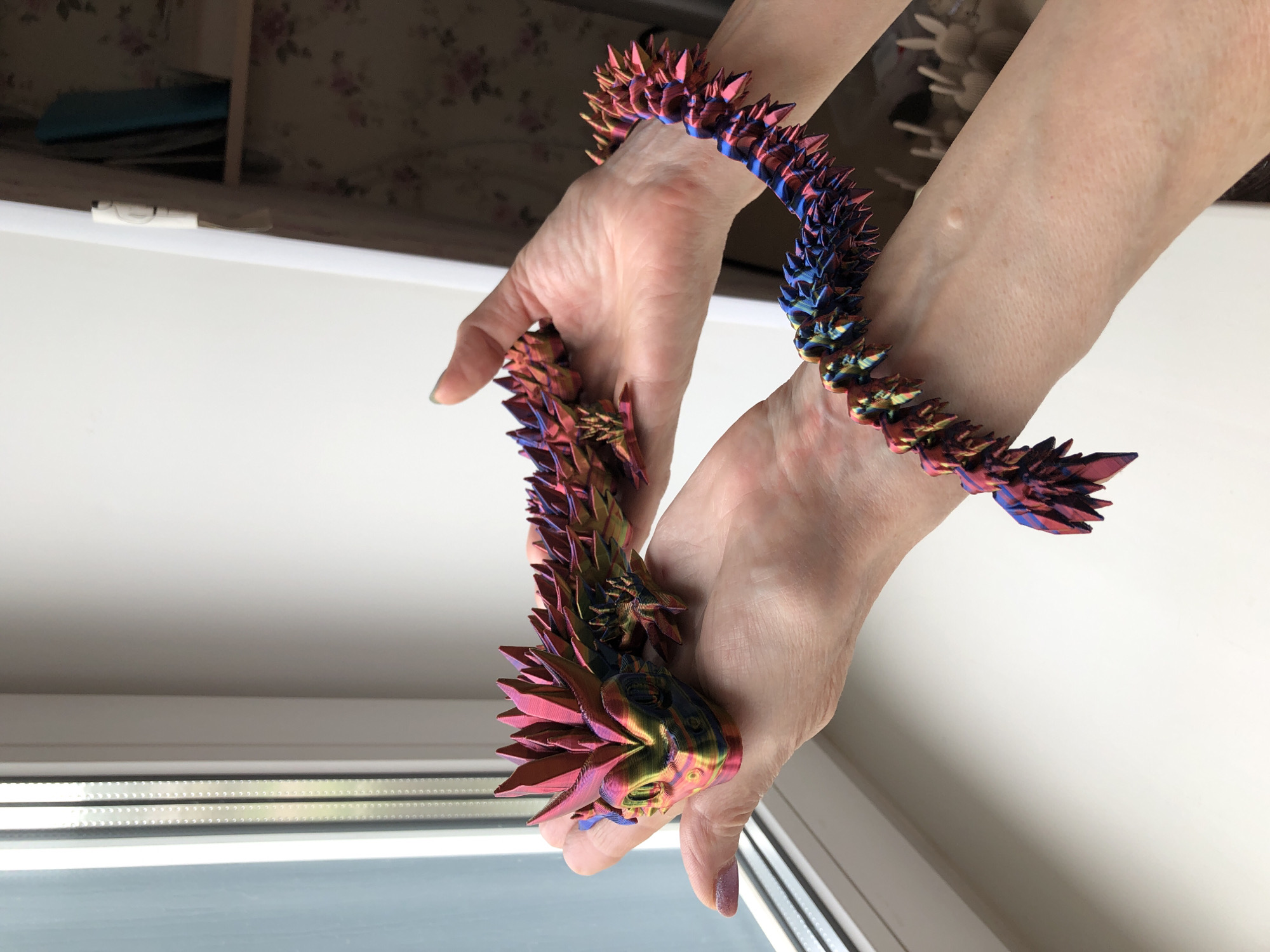 The image shows a person holding a multi-colored, segmented dragon figure in their hands. The dragon's body appears flexible, with sharp, triangular protrusions along its back. The colors include blue, red, purple, and iridescent shades. The background consists of a white wall, a window, and a glimpse of a patterned surface. The image is well-lit and in focus. The location is not in Noviy, Russia.