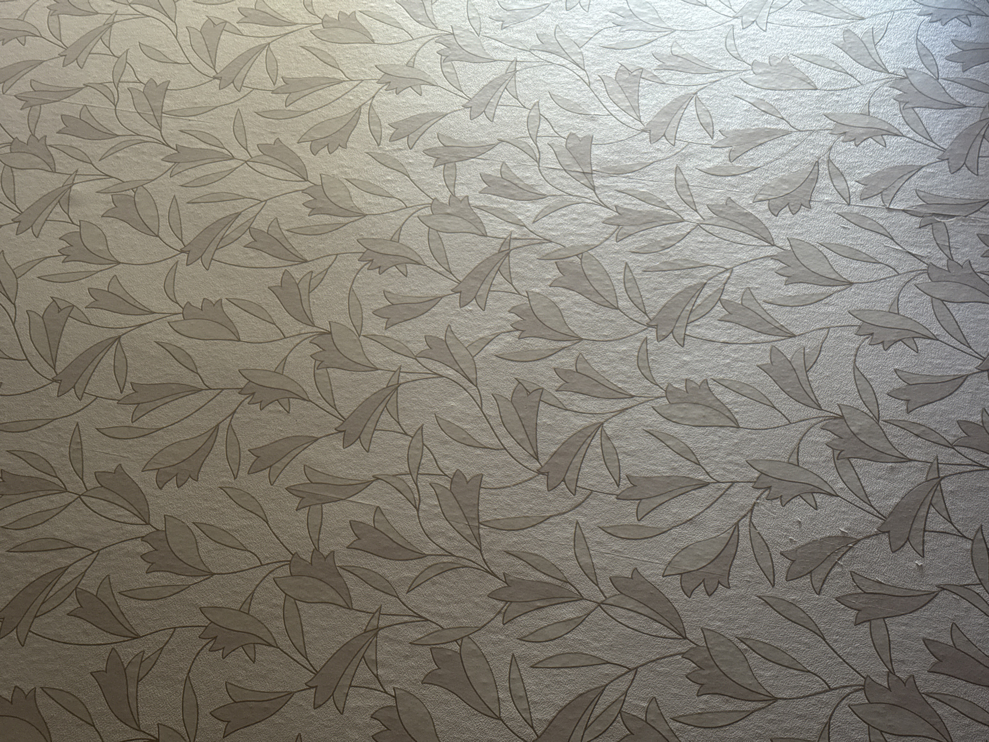 This is a close-up, medium shot of textured wallpaper with a floral vine pattern. The wallpaper is a neutral, light beige or taupe color with a subtle sheen that catches the light. The pattern consists of interwoven vines with stylized leaves and bell-shaped flowers in a slightly darker shade of beige or brown. The design is evenly distributed across the frame, creating a sense of organic flow and repetition. The texture of the wallpaper appears to be embossed or woven, giving it a tactile quality. The lighting creates subtle highlights and shadows, adding depth to the pattern. There is no text visible in the image. The context of Ternovka, Russia, is not visually represented in the image itself, which focuses solely on the wallpaper's design.