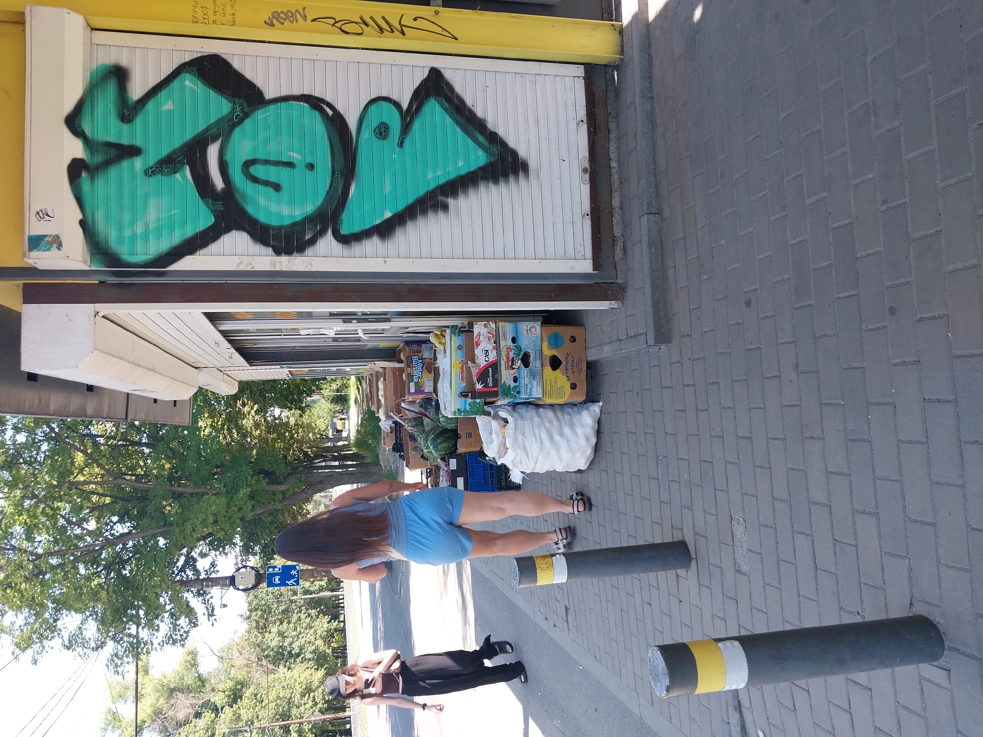 The image depicts a street scene in Dnipro, Ukraine, on a sunny day. In the foreground, a paved walkway with brick patterns is visible, with two dark gray bollards. One bollard, closer to the camera on the left, has yellow and white bands. To the right of the walkway, a small kiosk or shop is situated. The shop's metal roll-down shutter is decorated with prominent turquoise graffiti featuring bold outlines and a question mark. Next to the shop, a variety of merchandise, including boxes of fruit and vegetables, is displayed on the ground, along with a large white sack. Two individuals are present. On the left, a young woman wearing a black baseball cap, a dark top, and black pants walks away from the camera, looking at her phone. In the center, a woman with long dark hair, wearing a light blue tank top and blue shorts, is walking away from the camera, her back mostly to the viewer. Behind the subjects, a street lined with trees can be seen, with a lamppost and traffic signs visible in the distance. The overall impression is that of a typical urban street environment on a clear day.