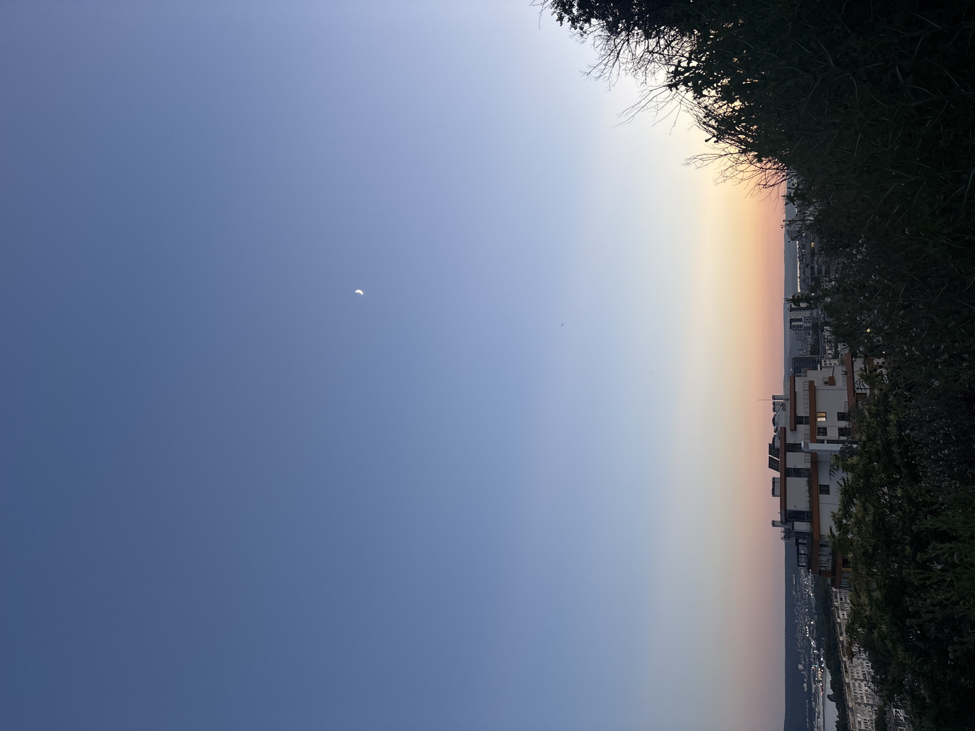 The image depicts a twilight scene over the city of Varna, Bulgaria. The sky transitions from a deep blue at the top to lighter shades of blue, pink, and orange near the horizon, indicating the sun has recently set or is about to rise. A crescent moon is visible in the upper portion of the sky. In the foreground, dense green foliage and branches of trees obscure the lower part of the scene. Dominating the middle ground is a modern white and orange building with multiple stories and visible windows, some of which are illuminated. Behind this building, a sprawl of other city buildings extends towards the horizon, where a body of water, likely the Black Sea, can be seen. The overall impression is a view from an elevated position overlooking the urban landscape as day transitions to night.