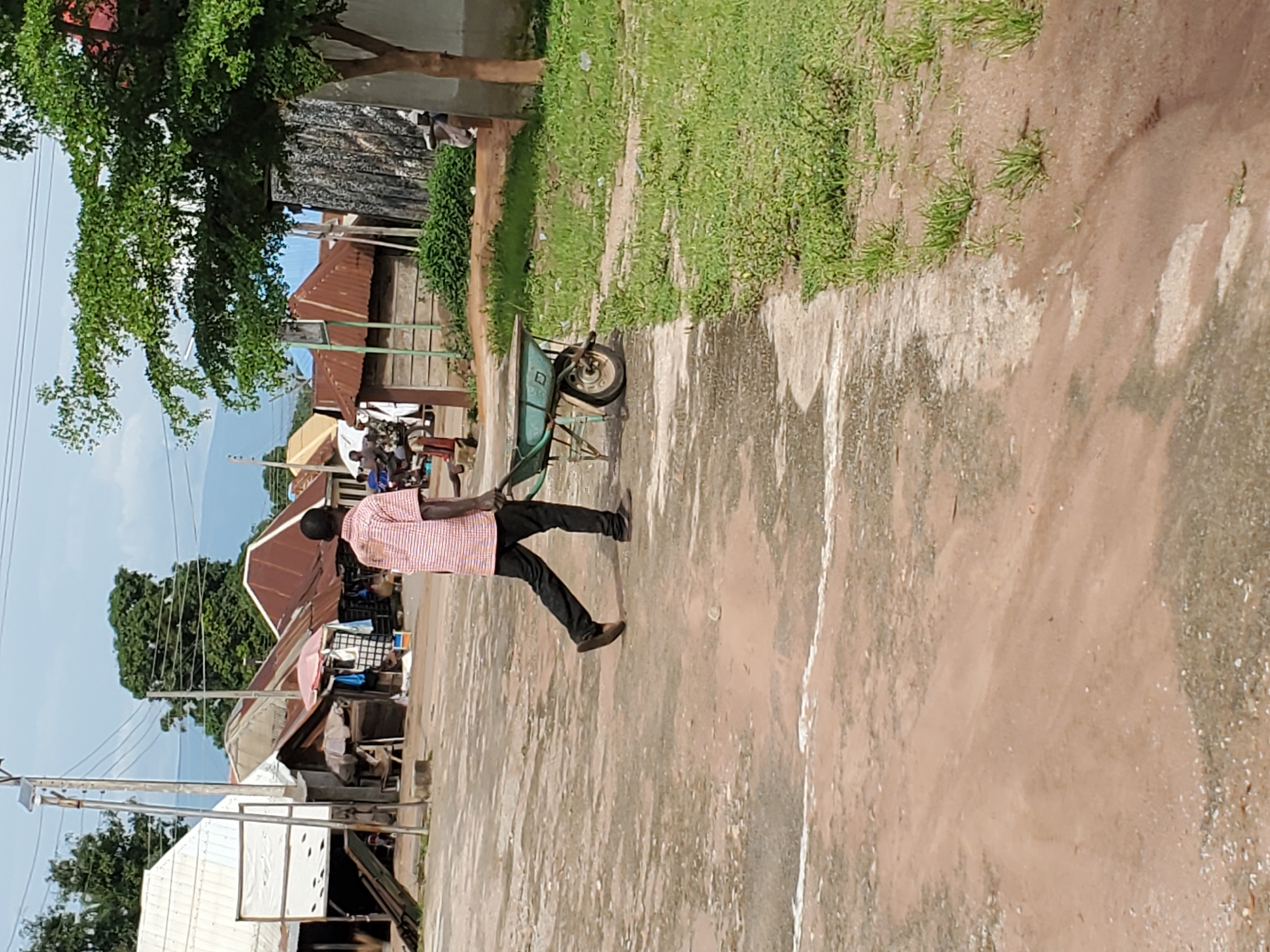 This image depicts an outdoor scene in Mararaba, Nigeria, captured during daylight hours under a clear, bright sky. The perspective is slightly elevated, looking across a mostly flat area.
In the mid-ground, a man is seen walking towards the right, pushing a green wheelbarrow. He is wearing a light-colored, possibly red and white striped shirt, dark trousers, and dark shoes. His back is turned to the viewer, so his face is not visible. The wheelbarrow has a single wheel and appears to be empty.
The ground surface in the foreground and mid-ground consists of a mix of light brown earth and patchy grey concrete or paved areas, with some white markings on the concrete. To the left of the path, there is an area of green grass and foliage.
The background features a cluster of buildings and structures, characteristic of a residential or commercial area. Many of these buildings have reddish-brown corrugated iron roofs. Utility poles with overhead wires are visible, extending across the scene. A large, leafy green tree stands prominently on the far left, and other smaller trees and bushes are scattered throughout the background. Indistinct figures, possibly other people or parked vehicles like motorbikes, can be discerned near the structures, suggesting ongoing activity. A white rectangular structure, possibly a sign or part of a building, is also visible on the far left in the background.
No discernible text is visible anywhere in the image. The scene conveys a sense of daily life and work in a sunny, possibly warm environment.