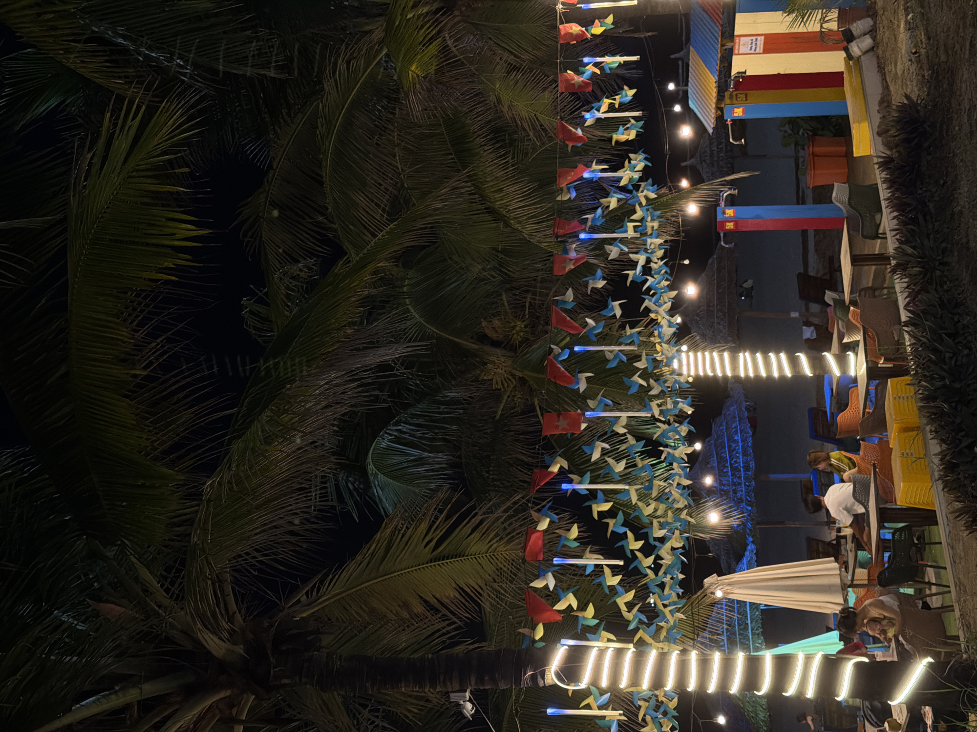 This is a nighttime photograph taken in Đà Nẵng, Vietnam, likely at an outdoor dining or recreational area. The scene is illuminated by string lights and a series of colorful pinwheels, creating a festive and somewhat whimsical atmosphere.
The foreground is dominated by the dark, frond-laden branches of palm trees, suggesting a tropical or subtropical location. To the right of the palm trees, a pathway or walkway is lined with an array of small, colorful pinwheels in shades of blue, yellow, and red, attached to thin poles. Some of these poles are also adorned with small, red flags. Interspersed among the pinwheels are small blue lights.
Further to the right, there are tables and chairs set up, indicating an area for patrons. Some tables appear occupied by people, though their features are not clearly discernible due to the low light conditions. In the background, there are structures with colorful striped facades in yellow, red, and blue, possibly representing vendor stalls or parts of a building.
In the middle ground, a large, cream-colored umbrella provides shade. The overall impression is that of a lively evening scene, possibly a beachfront restaurant or a night market, with the decorative lights and pinwheels adding to the ambiance. The presence of palm trees and the mention of Đà Nẵng, Vietnam, further anchor the location. The time of day is clearly night, and the weather appears to be clear, as the lights are bright and there's no indication of rain.
