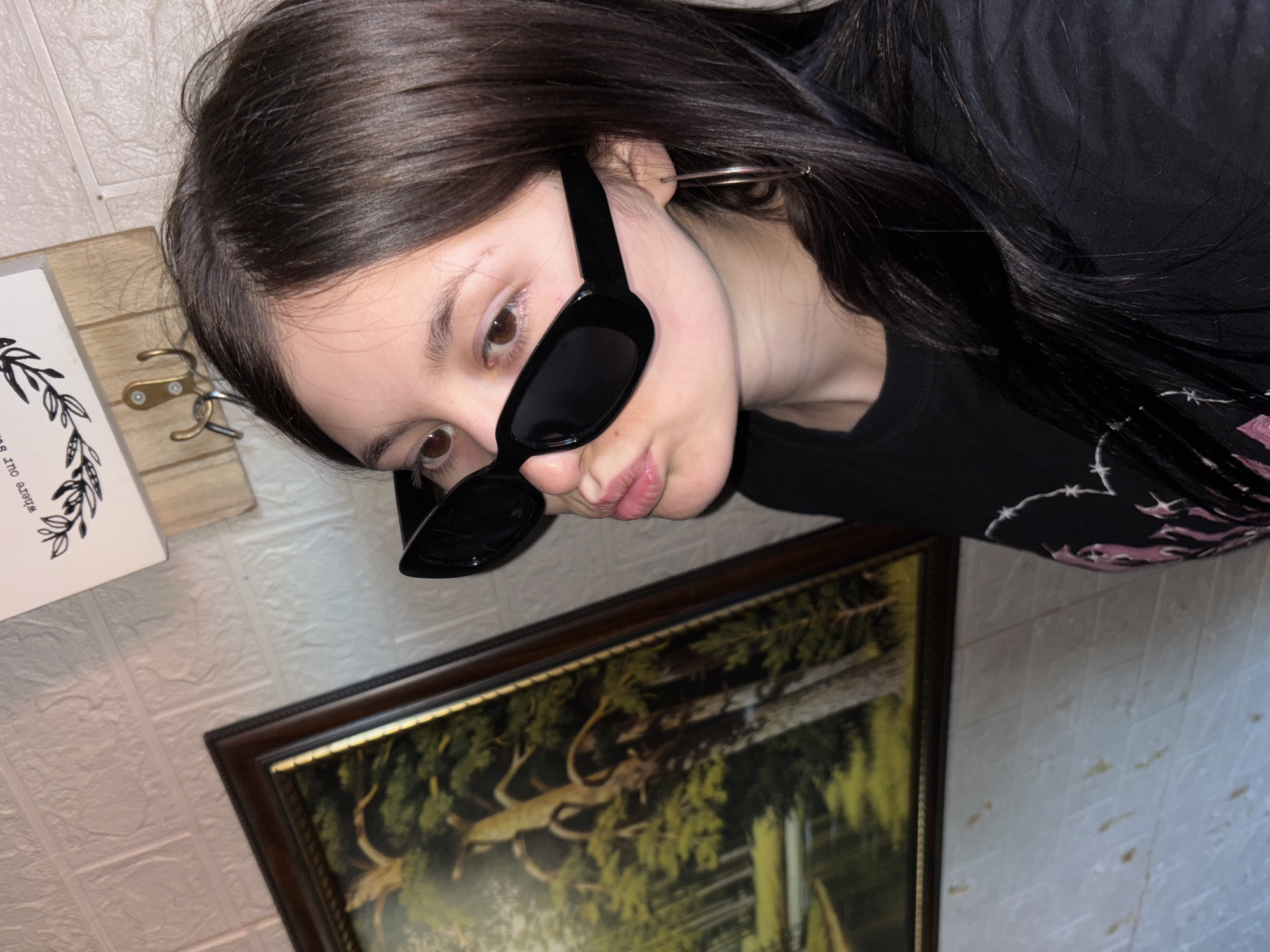 A young woman with long, dark hair is wearing black sunglasses and a black shirt. She has brown eyes and her lips are pursed. A framed picture hangs on the wall behind her, and a decorative wooden piece with hooks and text is visible to the left. The wall has a brick-like pattern. The location is unknown and not in the city of Фоки, Russia.