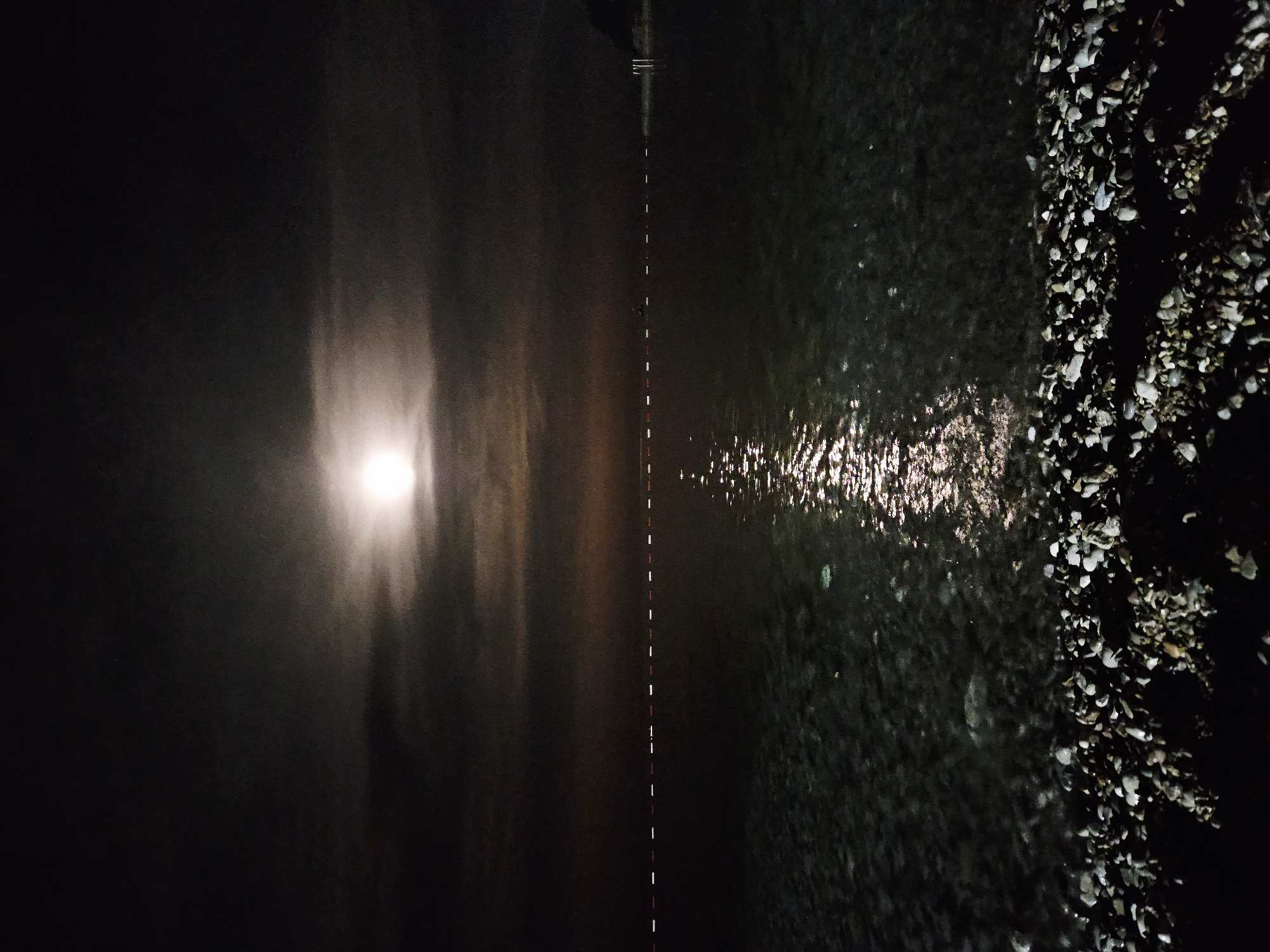 The image shows a nighttime scene at a beach. On the left, a bright light source, likely the moon, is reflected on the water, creating a hazy glow. A vertical line of red and white markers divides the image down the middle. To the right of the markers, the shoreline is visible with rocks and pebbles. The water on the right side of the image is reflecting the light, causing shimmering effects. The exact location is unknown.