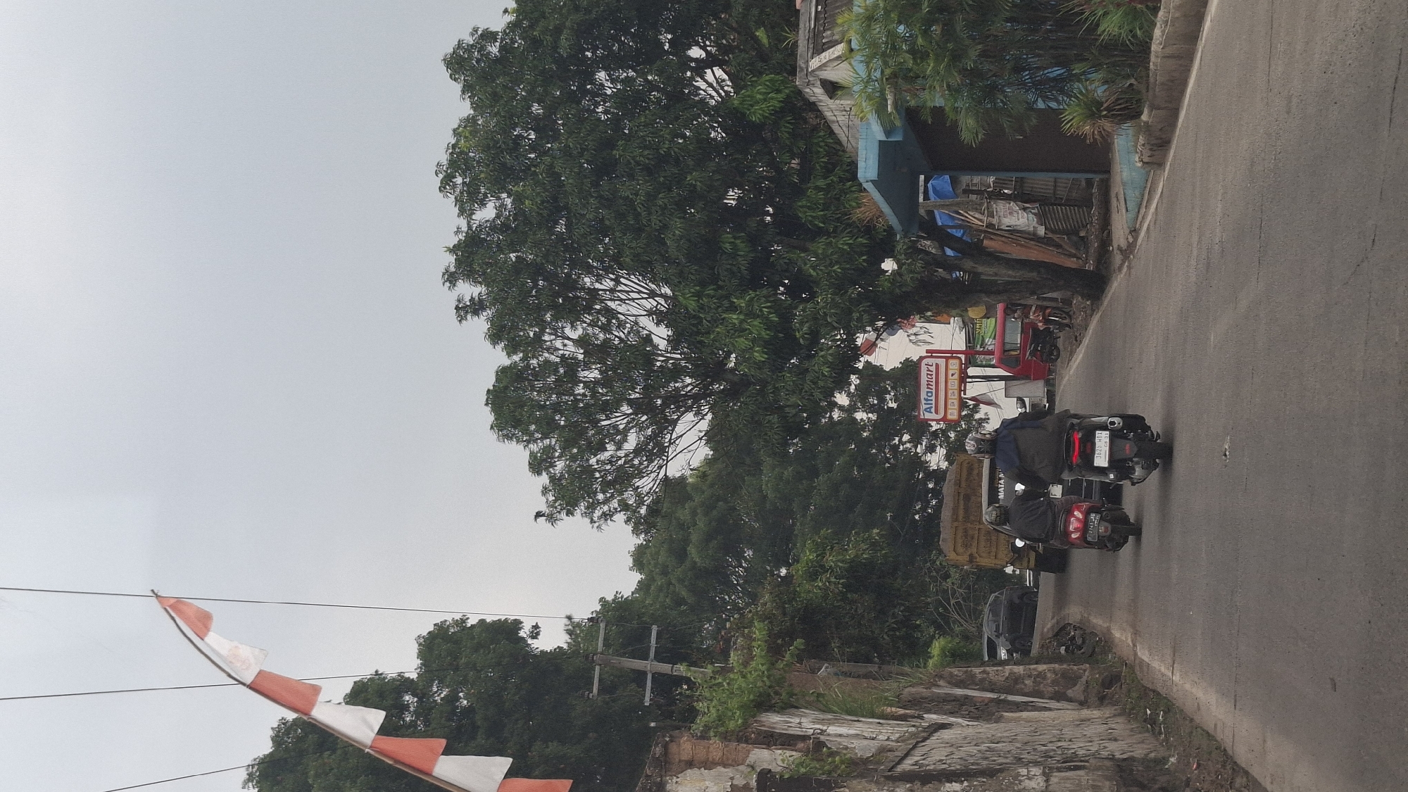 The image depicts a street scene in Cilaku, Indonesia. Two individuals are riding motorcycles on a paved road, heading away from the viewer. The person on the motorcycle in front is wearing a dark jacket and helmet, while the person on the rear motorcycle is wearing a dark jacket with a white design on the back and a helmet. Both motorcycles appear to be automatic scooters.
To the left of the road, there is a stone retaining wall with vegetation growing on it and a pole with electrical wires. Further up the road, a yellow truck is visible, partially obscured by the motorcycles. Beyond the truck, a black car is parked.
On the right side of the road, there are several buildings and trees. A bright red sign for "Alfamart" is prominently displayed. A large tree with dense green foliage dominates the middle ground. There are also structures with blue and grey awnings, and some debris is visible in front of one of the buildings. A red vehicle, possibly a small truck or van, is parked near the Alfamart. The sky is overcast and appears to be a light grey. Indonesian flags, red and white, are visible on a pole on the left side of the image, blowing in the wind. The overall impression is a typical street scene in a tropical, semi-urban environment.