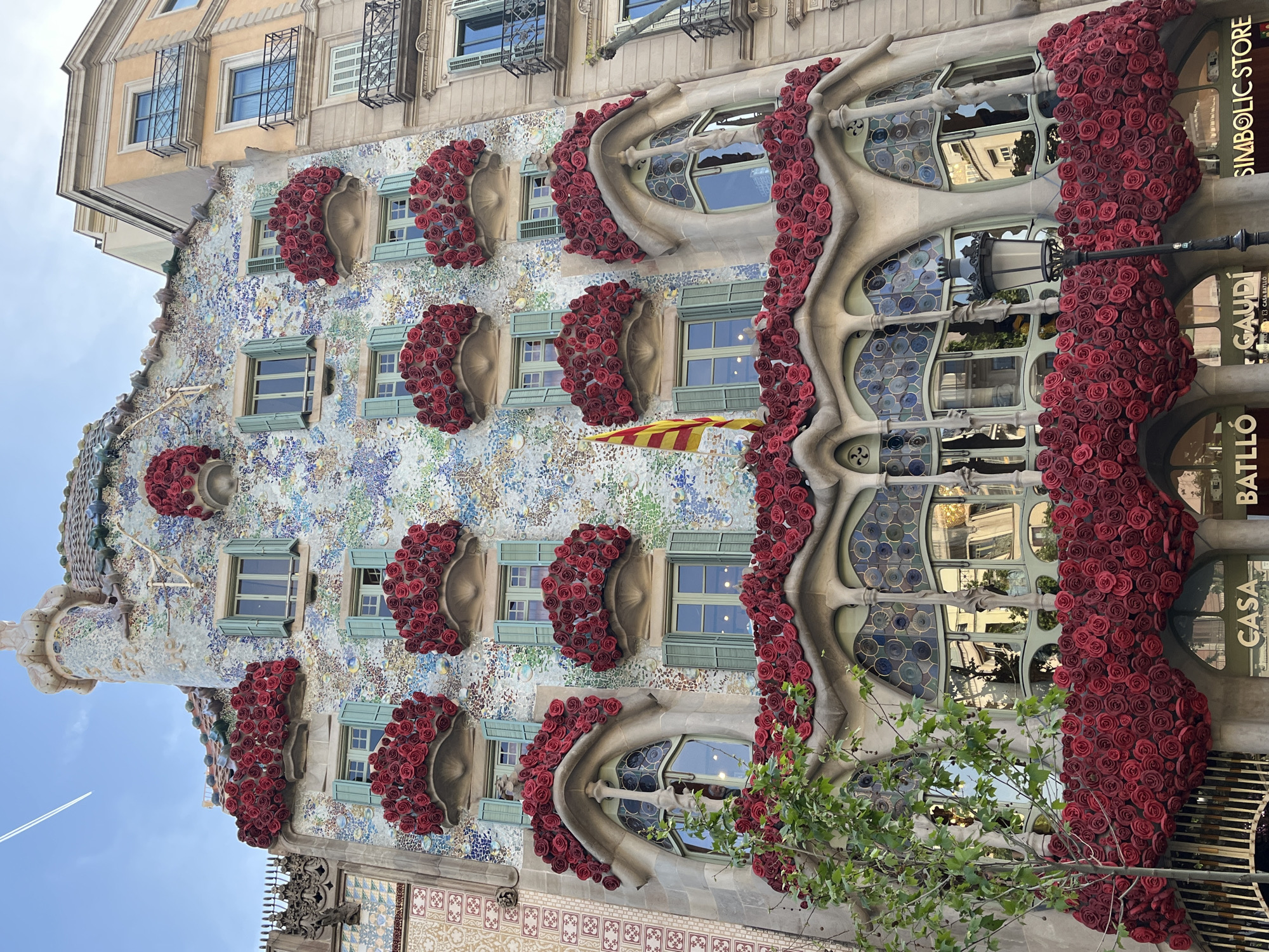 The image shows the exterior of Casa Batlló, a famous building in Barcelona, Spain, designed by Antoni Gaudí. The facade is decorated with a mosaic of blue, green, and white tiles and is notable for its bone-like balconies and undulating roofline. Red roses are attached to the balconies and window frames. The windows reflect the surrounding buildings. A yellow and red striped Catalan flag is visible. A street lamp stands on the right side of the image with shop signs above it. A tree branch is visible on the bottom right. A contrail is in the blue sky on the left.