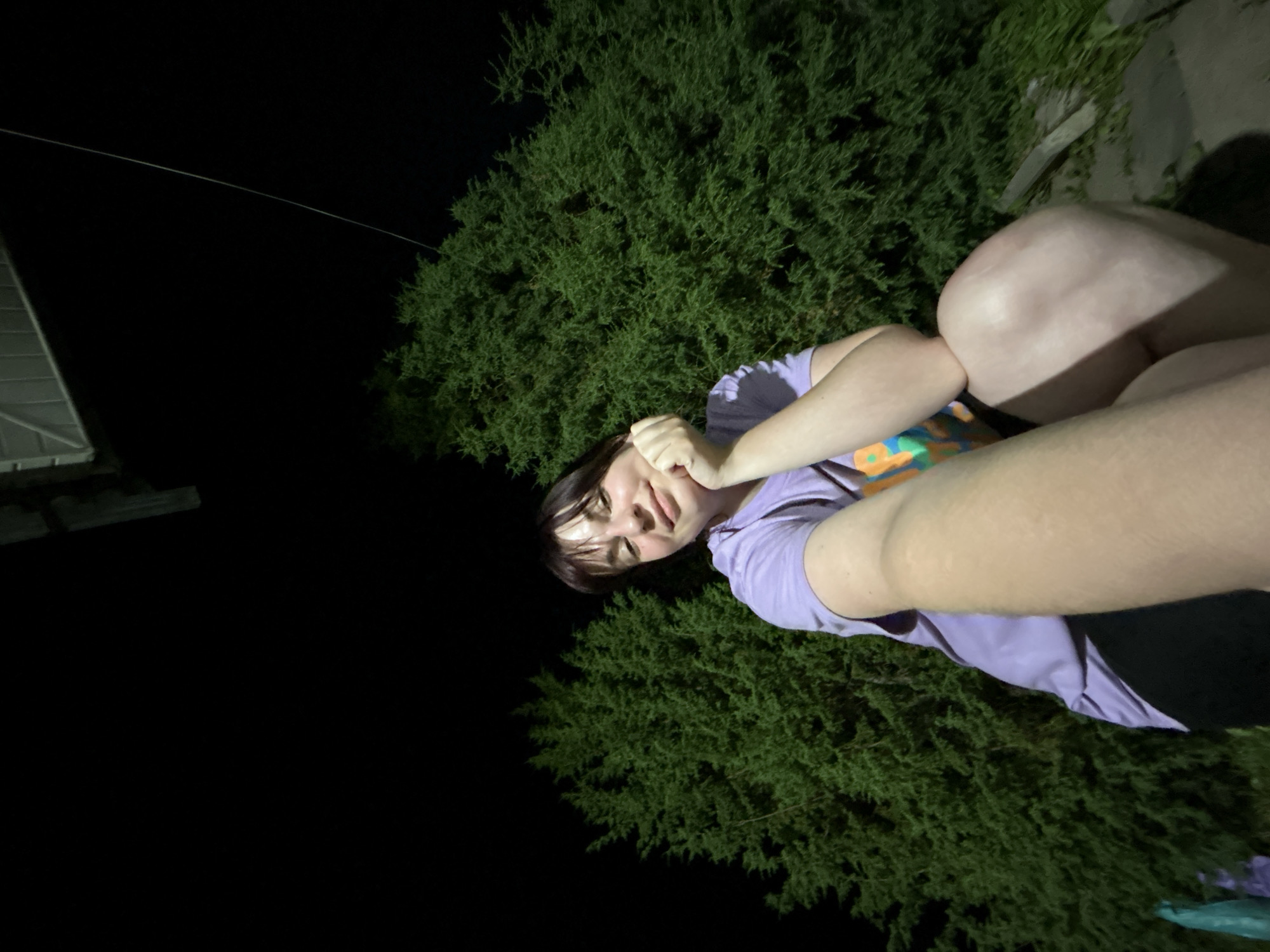 In the city of Foky, Russia, a young woman is captured in a low-angle, nighttime selfie. She is seated outdoors, with lush green trees forming a backdrop. The woman has dark hair and is resting her chin on her hand, with a slight smile on her face. She is wearing a light purple t-shirt with colorful graphics and black shorts. The scene is illuminated by an unseen light source, casting a soft glow on the woman and her surroundings. The image is framed from a close-up perspective, emphasizing the woman's expression and the immediate environment.