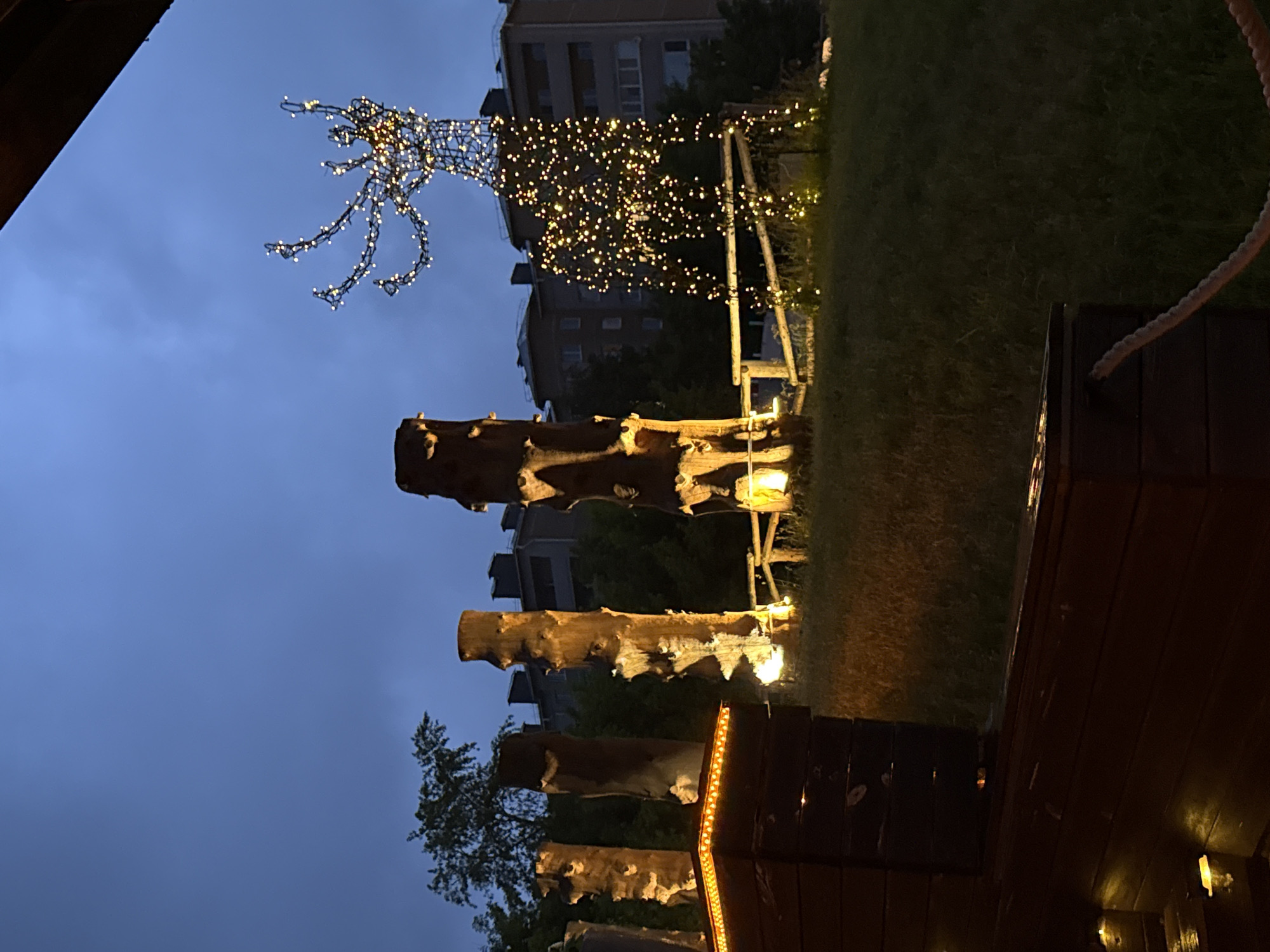 This image depicts an outdoor scene at dusk or night in Votkinsk, Russia, showcasing an illuminated artistic installation on a grassy incline.
In the immediate foreground, a dark, presumably wooden structure or railing is visible from a low vantage point, extending from the lower left towards the center. This structure features a horizontal strip of small, amber LED lights along its upper edge. A thick, light-colored braided rope is visible at the bottom right, extending horizontally.
The midground is dominated by a grassy hill. Arranged on this slope are several tall, upright wooden pillars, appearing to be sections of tree trunks, which are illuminated from their bases by warm yellow-orange spotlights. Behind these pillars, a rustic wooden fence, constructed from horizontal logs or branches, traverses the slope. To the right, a large, ornate light sculpture shaped like a stylized deer or reindeer stands prominently. This sculpture is constructed from a framework covered in numerous small, warm white or yellow LED lights, illuminating its body, legs, and intricate antler-like head structure.
In the background, behind the grassy hill and some dark foliage, multiple multi-story residential buildings, likely apartment blocks, are visible. These buildings exhibit a functional architectural style, with visible windows and balconies, and show minimal interior lighting. The sky above is a deep blue-grey, characteristic of twilight or early night, with subtle cloud formations. The overall lighting scheme is artificial, primarily emanating from the warm-toned LEDs of the foreground structure, the spotlights on the wooden pillars, and the bright lights of the deer sculpture, creating a distinct nocturnal ambiance.