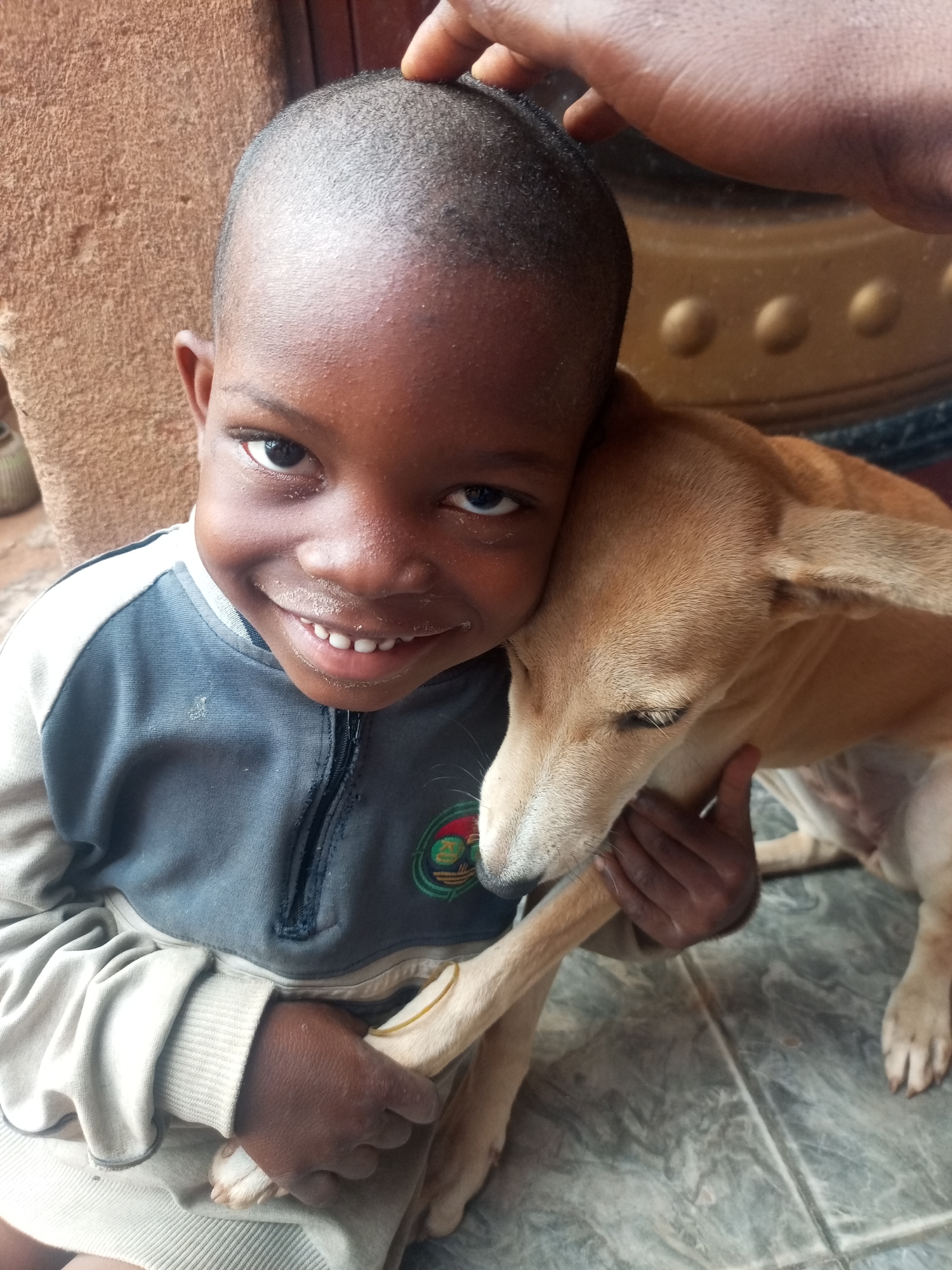 A young Black child embraces a tan dog. The child smiles, holding the dog's front legs. An adult's hand rests on the child's head. The background includes a mottled wall and patterned flooring. The location is unknown and not verifiable. The city of Tempure, Nigeria cannot be confirmed.