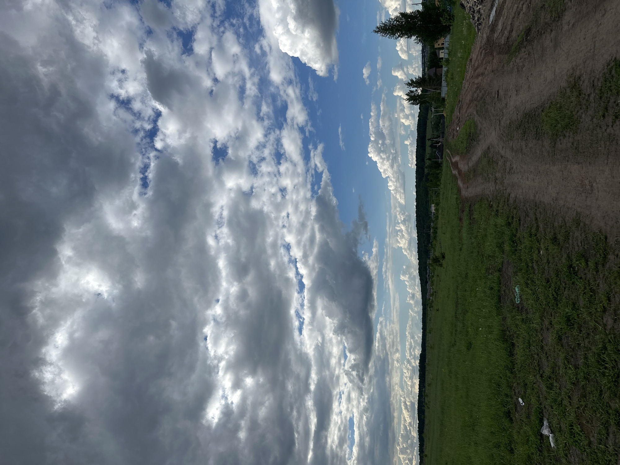 The image shows a landscape in the vicinity of Эстачи, Russia. The sky is predominantly filled with dramatic clouds, ranging from bright white cumulus to darker, stormier gray formations. Patches of blue sky are visible between the clouds.
On the right side of the image, there is a dirt path or road bordered by green grass and vegetation. Further in the distance, a line of trees marks a boundary. Some scattered buildings or structures are visible near the treeline. The grass appears somewhat unkempt, with variations in color and texture, suggesting a natural or rural environment.