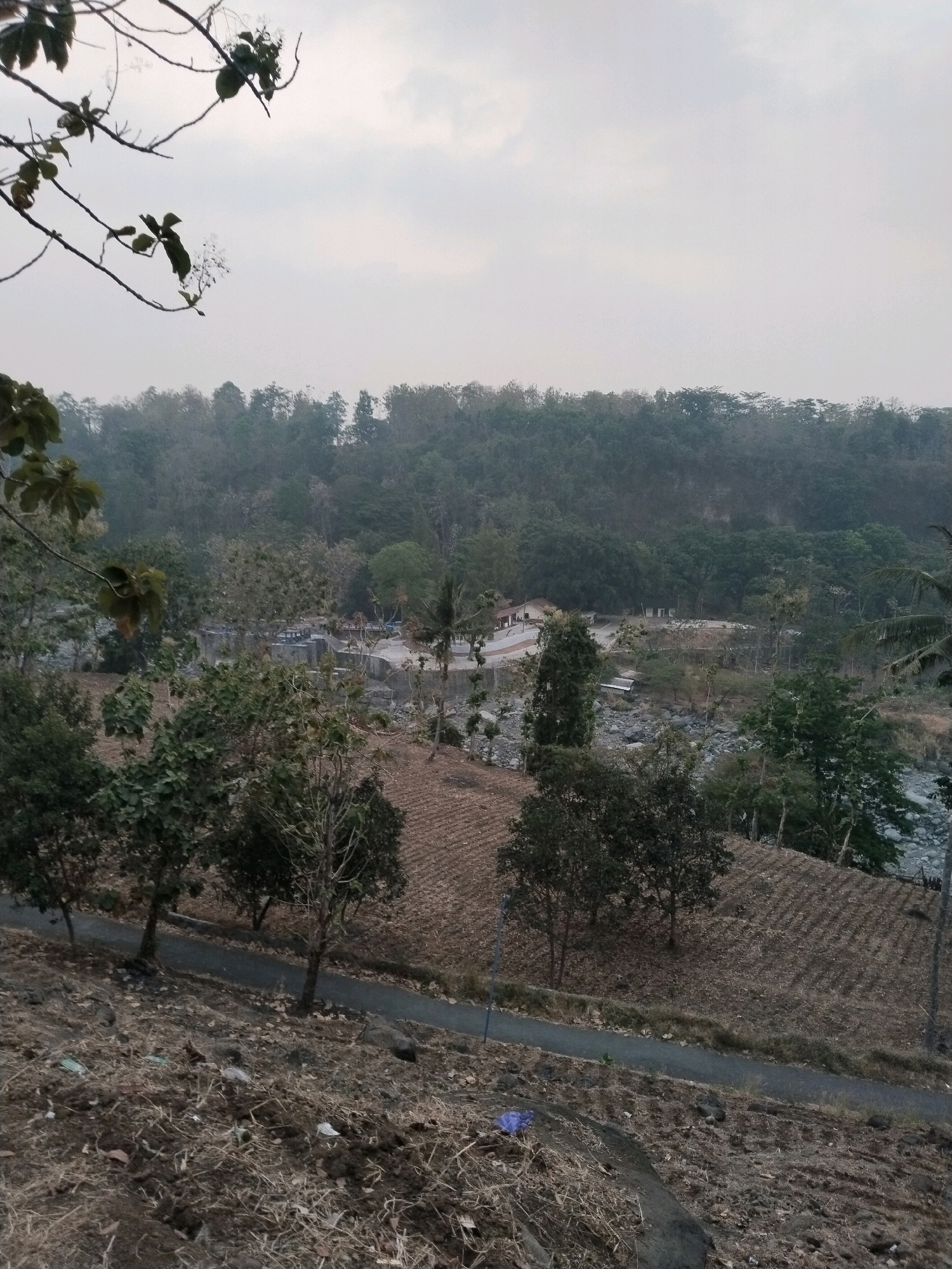 The image is an outdoor, elevated view of a rural landscape in Sangkanjaya, Indonesia. In the foreground, a steep, dry slope is covered in dirt, scattered leaves, and dried vegetation, with a few small rocks. A narrow, paved road winds its way across the middle ground, sloping downwards from left to right.
Adjacent to the road, on the right, are agricultural fields with visible rows of tilled soil, suggesting cultivation. Further back, on the left side of the road, are several trees with dense foliage. Beyond the fields and trees, a body of water, likely a river, is visible, with rocky banks.
In the mid-distance, across the river, is a small settlement or tourist area. Structures with roofs are visible, some appearing to be buildings or shelters, possibly part of a park or recreation area. There are also concrete pathways or platforms near the water.
The background is dominated by a dense forest with a variety of trees, creating a thick green canopy that extends to the horizon. The sky is overcast and hazy, with a pale, diffused light. The overall impression is of a natural, somewhat undeveloped area with signs of human activity. No people are visible in the image.
