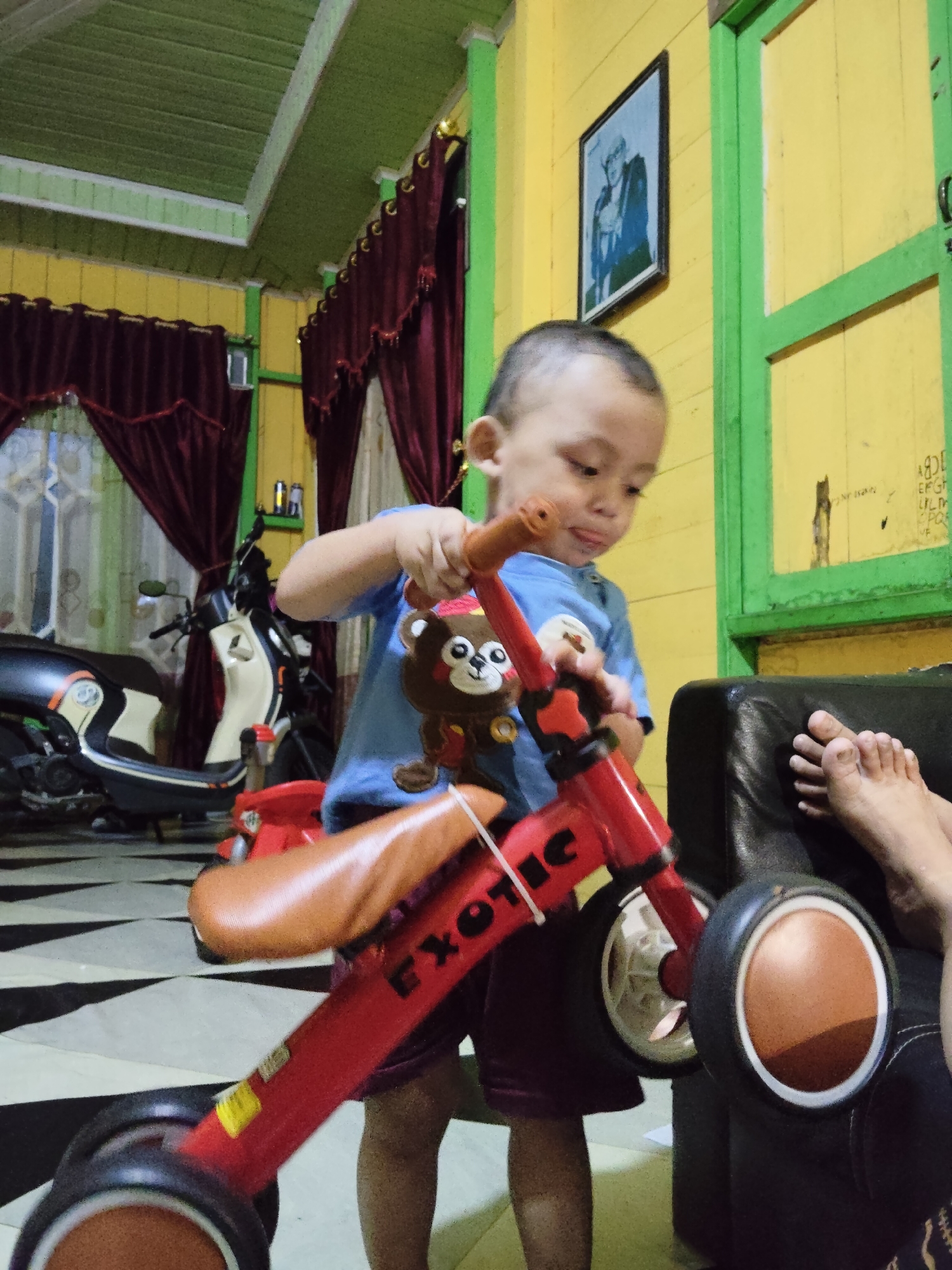 In a room in Tanah Grogot, Indonesia, a young boy wearing a blue shirt is standing and holding onto the handlebars of a red tricycle. The tricycle has a brown seat and a stuffed monkey attached to the front. The boy is looking down at the tricycle. The room has yellow walls and a green ceiling. There are red curtains on the walls and a framed picture hanging on the wall. In the background, there is a motorcycle. A person's feet are visible resting on a black leather couch to the right of the tricycle. The floor has a black and white checkered pattern.