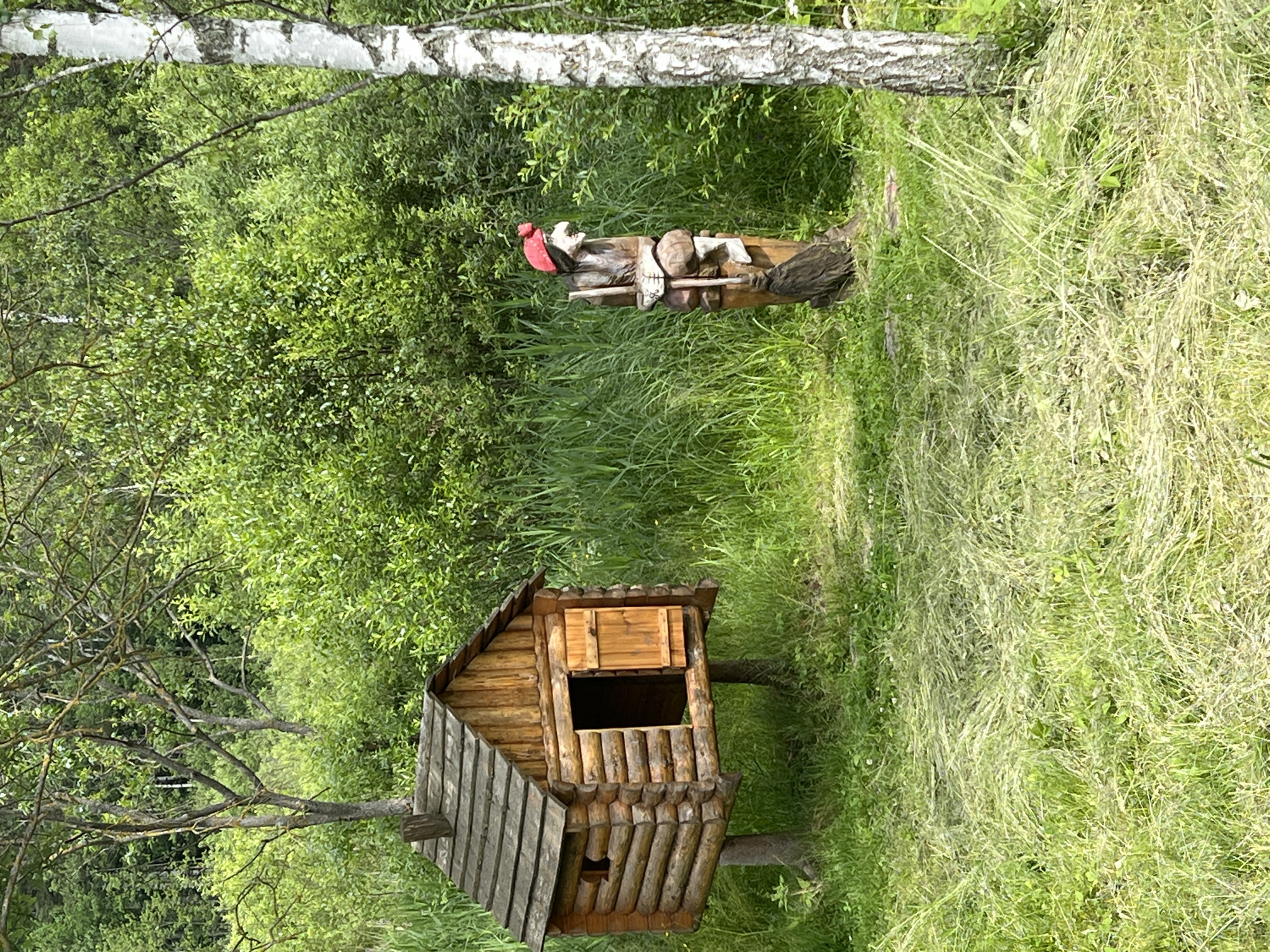 This is a vertical, medium-shot, outdoor photograph taken in Minsk, Belarus. The scene is a natural setting with lush green foliage and tall, dry grass. A birch tree trunk with white bark and dark markings is visible in the upper portion of the image, extending horizontally across the frame.
In the middle ground, a carved wooden figure is positioned vertically on a wooden log. The figure appears to be a character with a red hat, wearing clothes, and carrying various items like a backpack and an ax. The carving has a rustic and whimsical quality.
In the foreground, a small, wooden, multi-level structure resembling a birdhouse or a small cabin is built from logs. It has a pitched roof covered with wooden shingles and an open window or doorway. The structure is built on a tree trunk.
The overall impression is that of a nature park or an outdoor art installation. The time of day appears to be daytime, with bright lighting suggesting fair weather. There is no visible text in the image.