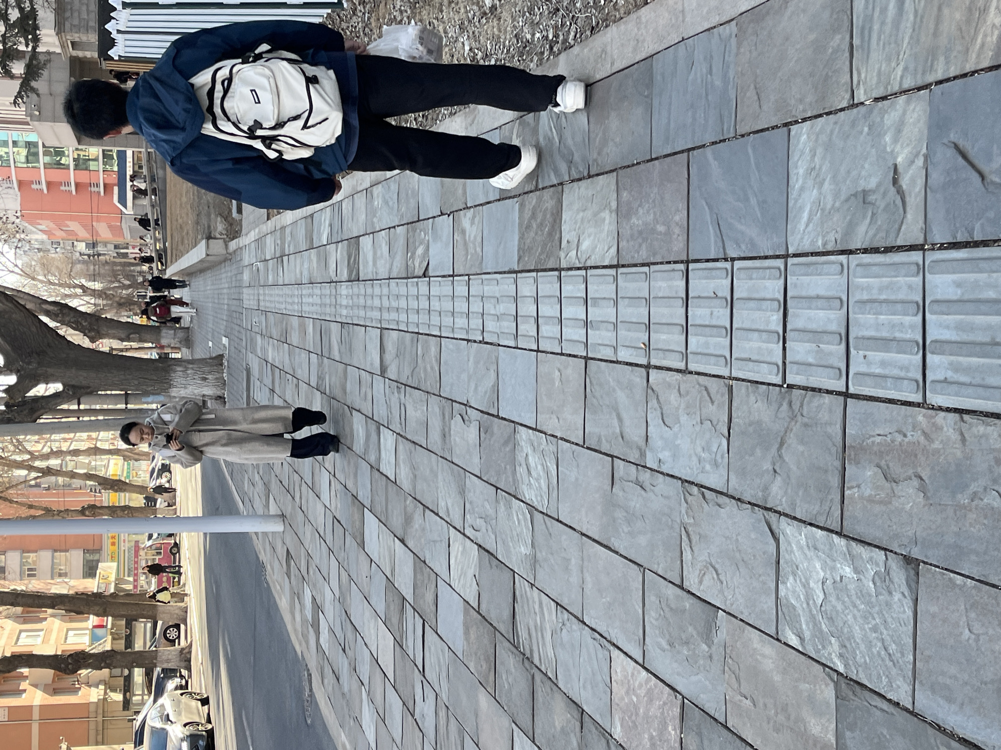 A slightly angled eye-level full shot captures a pedestrian scene in Changchun City, China. The location is identifiable by architectural details typical of the city. The ground consists of stone paving with tactile paving for visually impaired individuals down the middle.
In the foreground, two people are visible. One is further away from the camera. The second is near the camera wearing a dark blue jacket with a white backpack and black pants.
The background consists of buildings lining the street, bare trees, and several people walking along the sidewalk. Cars are parked along the side of the street in the background as well. The overall atmosphere appears to be a typical urban scene during the late fall.