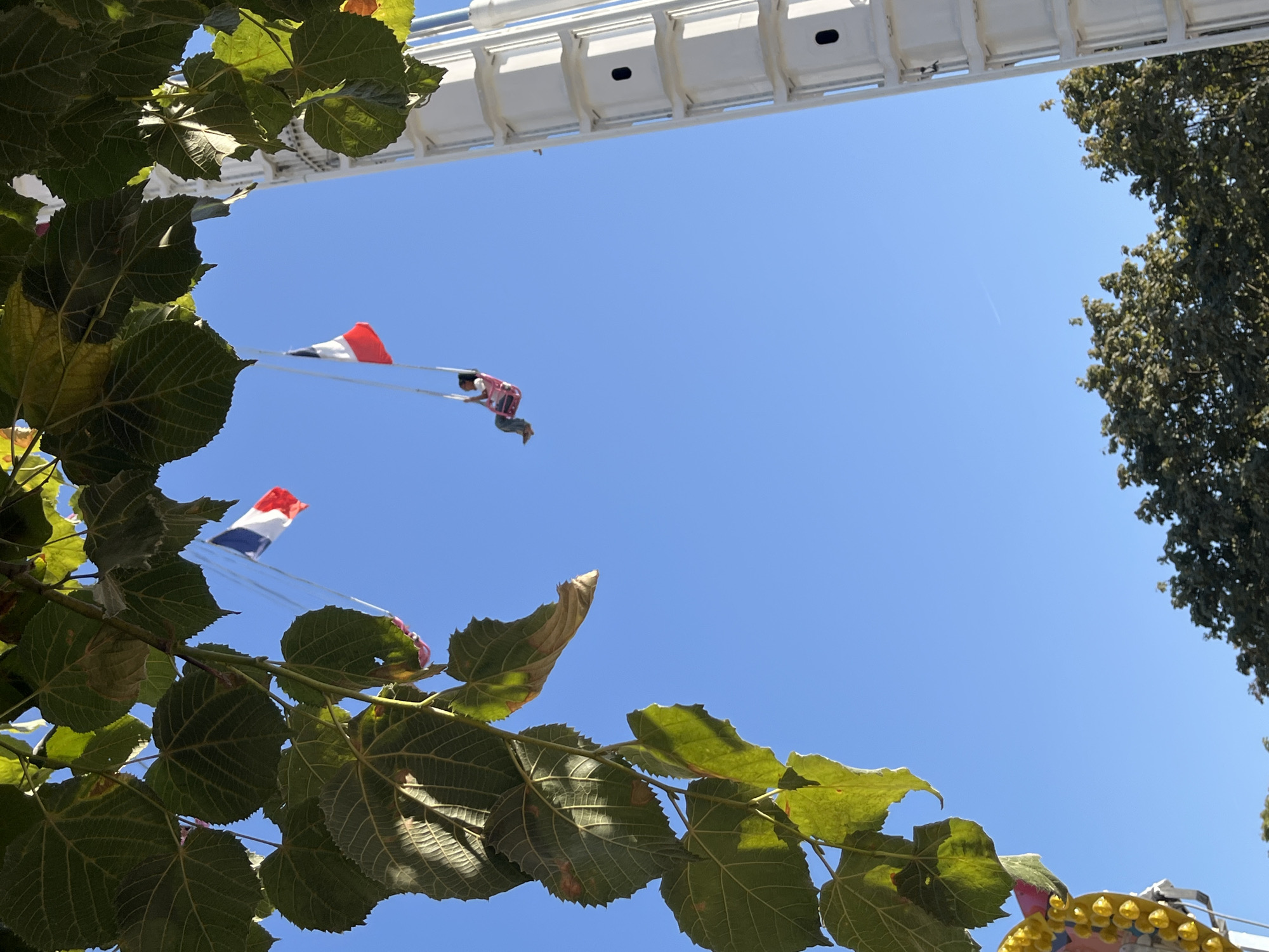 In the city of Paris, France, on a clear day, a person is seen on a swing ride. The swing is red and is occupied by a person wearing a white top and green pants. Two French flags are visible, one is flying from a pole and the other is attached to the swing. The swing ride structure, which is white, is on the right side of the image. In the foreground, green leaves hang from branches, partially obscuring the view of the swing and the ride. The sky is a vibrant blue, and trees can be seen in the distance.