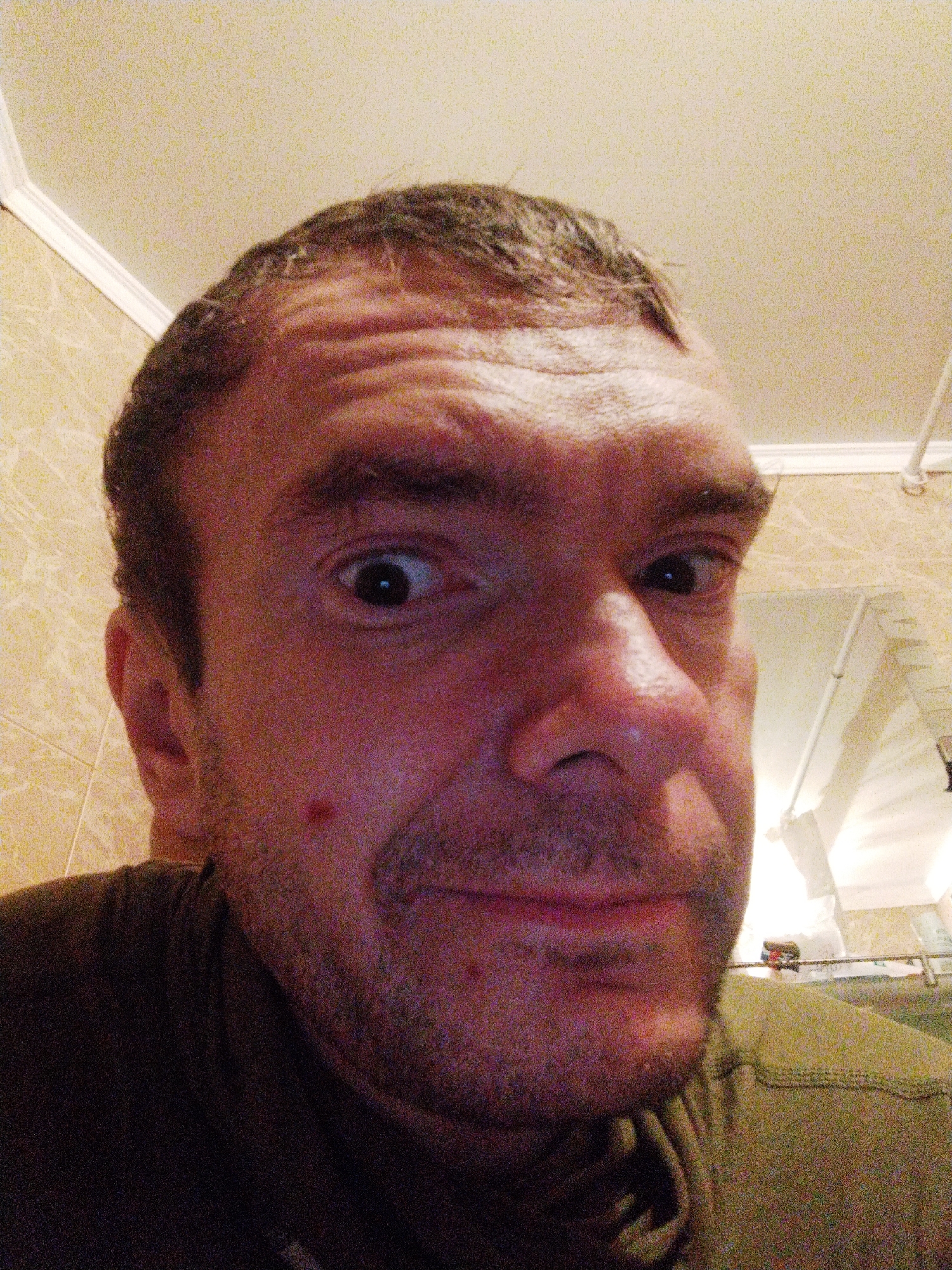 A close-up selfie of a middle-aged man with short brown hair and a slight beard. He has light skin and is wearing a dark green or brown t-shirt. His eyes are wide, and he has a slight smirk. The background appears to be a bathroom with tiled walls, a white ceiling, and a glimpse of a mirror or window. There is no evidence to determine the location in the city of Kramatorsk, Ukraine.