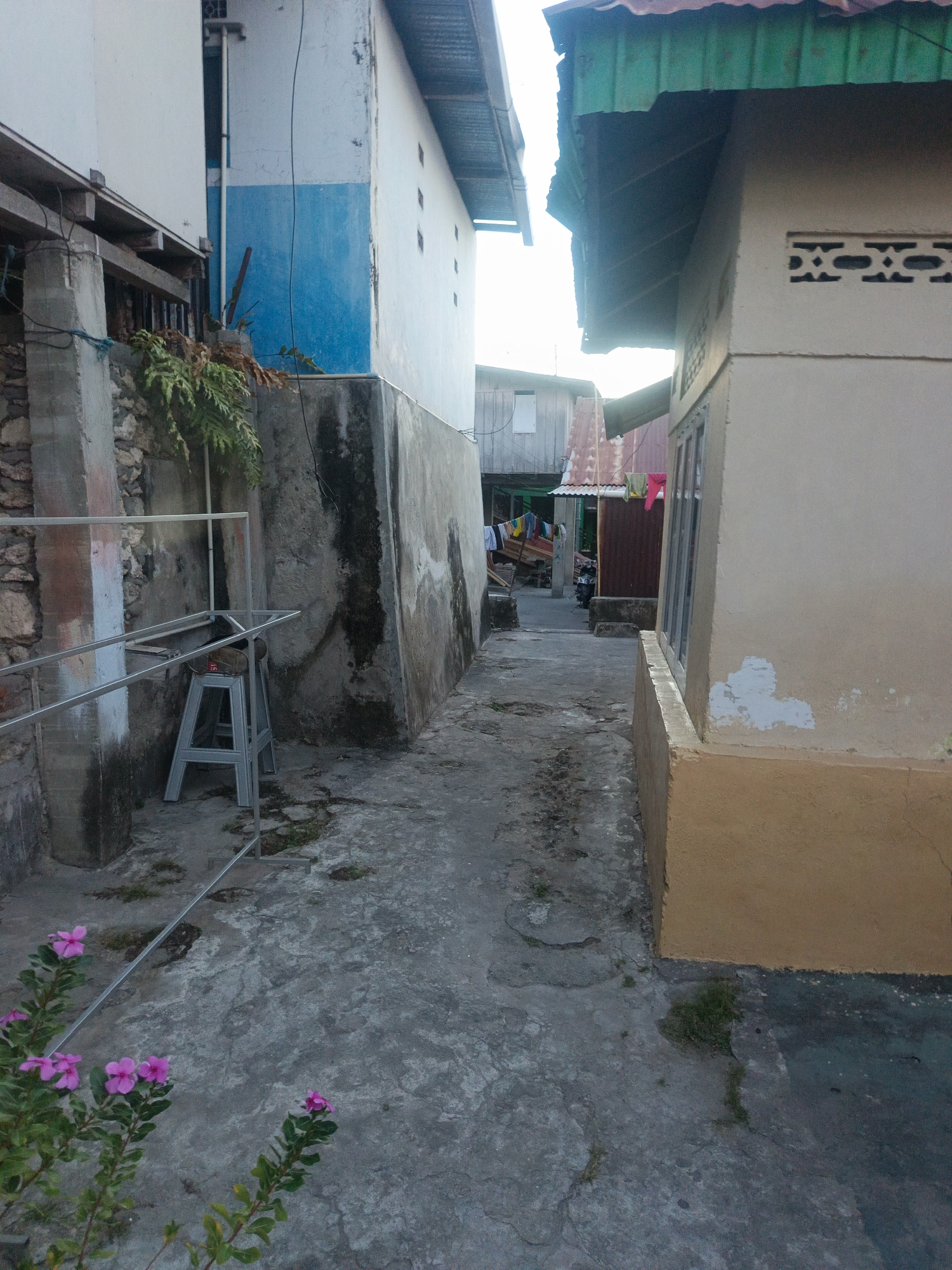The image depicts a narrow alleyway between two buildings in a residential area, likely in Gorontalo, Indonesia. The building on the left is constructed with a rough stone foundation and concrete walls, painted in white and blue. A metal drying rack stands near the wall, and a small stool is placed beneath it. Lush green foliage and a few pink flowers are visible in the foreground, adding a touch of color to the scene.
The building on the right is painted a light yellow-ochre and features a green corrugated metal roof. A decorative element resembling a lattice is visible on the upper part of the wall, along with a window. Clothes are hanging on a line in the background, suggesting a domestic setting. The ground is paved with concrete, showing signs of wear and tear. The overall impression is one of a humble, lived-in neighborhood. The time of day appears to be late afternoon or early evening, as indicated by the soft, diffused light.