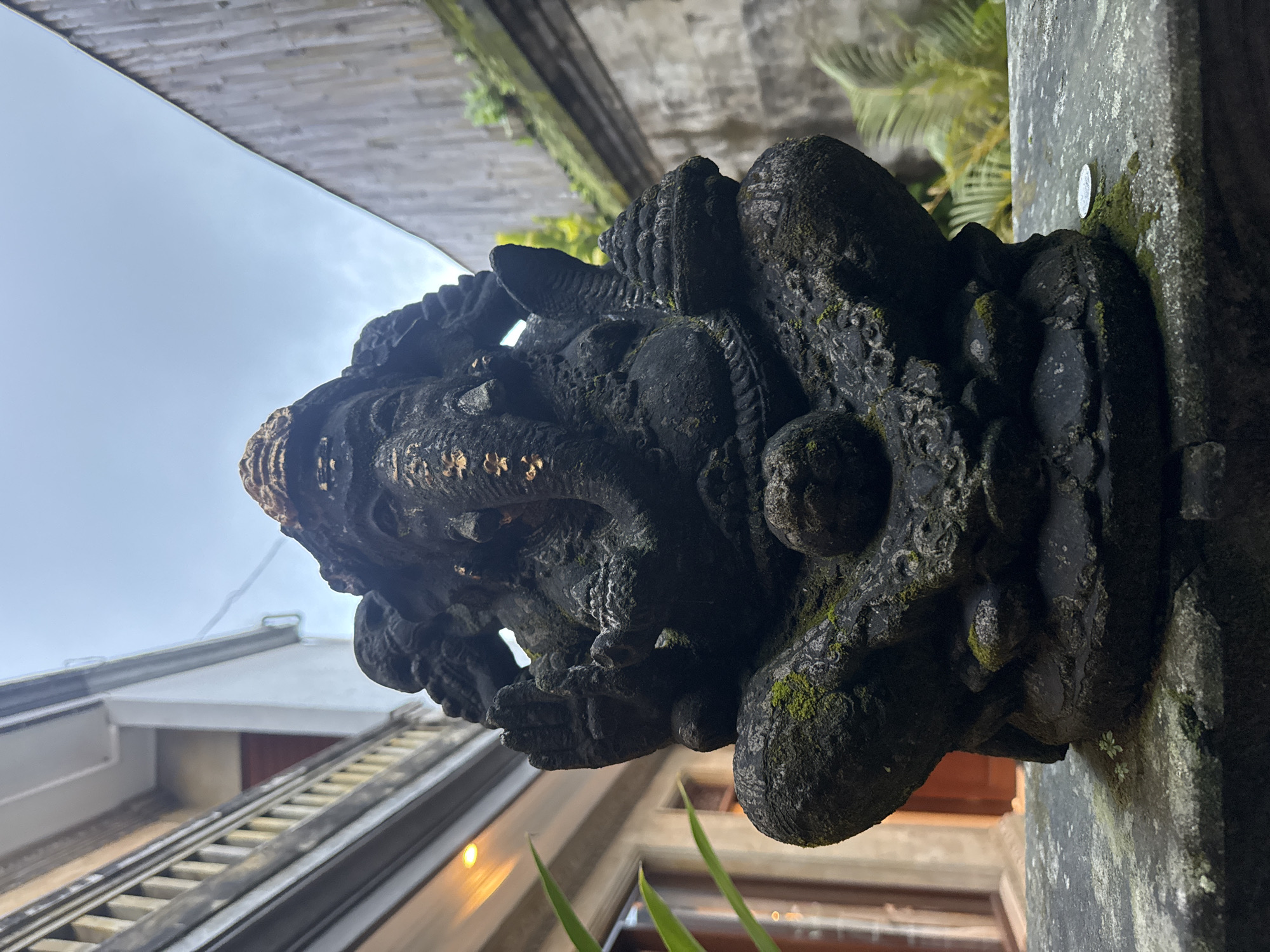A dark, weathered stone carving, possibly depicting a mythical creature or guardian figure, is prominently featured, attached to a moss-covered stone pillar or wall. The intricate carving shows details such as prominent eyes, a wide mouth, and decorative patterns, resembling traditional Balinese artistry. Patches of bright green moss cling to its rough, dark surface, indicating age and a humid environment. The sculpture is oriented as if facing downwards and outwards from the structure it adorns.
In the background, architectural elements are visible, suggesting a building or complex. These include a light-colored sky, possibly overcast, and parts of a roof or upper structure with wooden beams and railings. Lush green foliage, reminiscent of palm fronds, is seen in the mid-ground, adding to the tropical atmosphere. The overall scene suggests a cultural or traditional setting, typical of the Ubud District in Indonesia, known for its rich artistic heritage and temples. No discernible activity is taking place, and there is no visible text. The time of day appears to be daytime, under bright, possibly overcast, conditions.