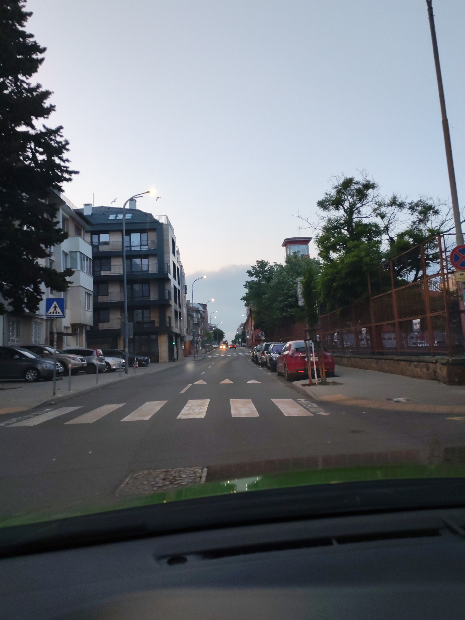 This image depicts a street scene in Burgas, Bulgaria, captured from inside a vehicle looking forward through the windshield. The time of day is dusk or early evening, evidenced by the illuminated streetlights and the soft, transitioning light in the sky.
The scene is **Knyaz Boris I Street (ул. Княз Борис I)**, looking in a generally southeast direction.
In the foreground, the top of a dark-colored vehicle dashboard is visible, with a green reflection from the windshield occupying the lower portion of the frame. The road surface is asphalt, marked with distinct white pedestrian crosswalk stripes. A manhole cover is visible on the asphalt in the bottom-middle.
On the left side of the street, a large, dark green tree, likely an evergreen, partially obscures the foreground building. Beyond it, a light-colored multi-story building with a pedestrian crossing sign (blue square with white walking figure) is visible. Further down the street, a modern multi-story building with a dark facade and light-colored balconies/terraces stands prominently. Several streetlights are illuminated on this side. Parked vehicles line the curb, including various sedans and SUVs. Two birds are observed flying in the sky near the streetlight closest to the modern building.
On the right side of the street, a tall, slender utility pole extends into the clear, light blue sky. Below it, mature trees with visible branches grow alongside the sidewalk. Behind the trees, a distinctive reddish-brown metal fence runs along a wall. The most prominent architectural feature on this side is an older building with a red-toned facade and a distinctive square, multi-windowed tower or cupola on its roof. This building is the **Regional Historical Museum - Ethnographic Exhibition** (Регионален исторически музей – Етнографска експозиция). A "No Stopping" sign (red circle with blue background and a red diagonal line) is visible near the fence. More parked cars are present along this curb.
In the distance, the street appears to curve slightly, with additional buildings and illuminated streetlights visible. Headlights of oncoming vehicles are discernible in the far background. The sky above is largely clear, transitioning from a lighter hue at the horizon to a deeper blue-gray overhead. No people are explicitly visible in the frame.