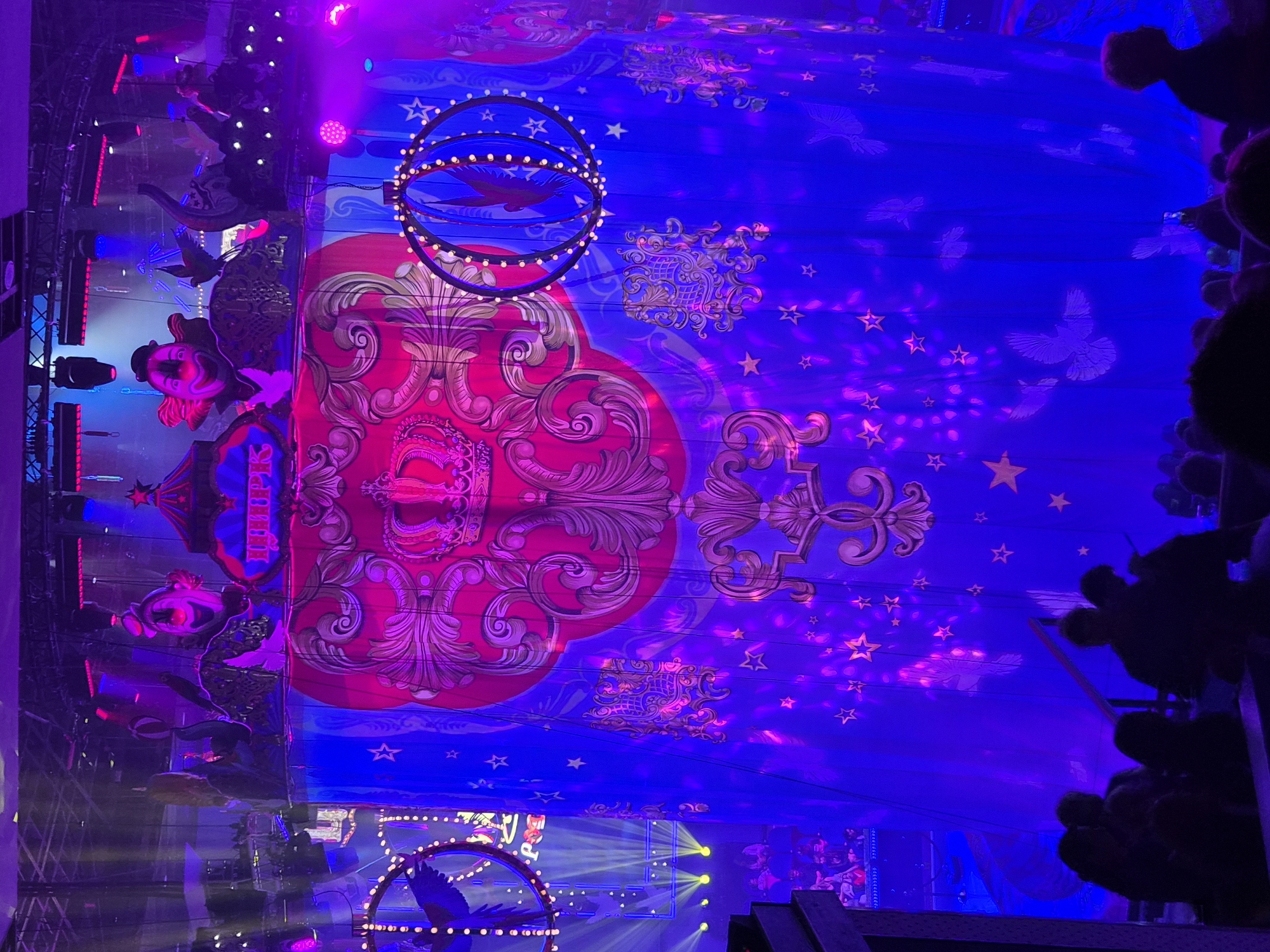 The image depicts the interior of a circus tent during a performance. The dominant colors are vibrant blues and pinks, created by stage lighting. A large, ornate blue curtain serves as the backdrop, adorned with a large red and gold circular motif featuring a crown and intricate swirling patterns. Scattered across the blue curtain are stylized gold stars and images of white birds in flight.
Above the curtain, a stage area is visible, decorated with circus-themed elements. These include large, smiling clown heads, a red and blue sign with Cyrillic lettering that reads "ЦИРК" (CIRK, meaning circus), and what appears to be a decorative elephant. Hanging from above are two circular frames, one on the left adorned with lights and a silhouette of a bird, and another on the right with similar lighting and a bird silhouette.
In the foreground, the silhouettes of an audience are visible, seated in rows and facing the stage. The lighting casts a dramatic and colorful atmosphere over the entire scene, typical of a live circus performance. The location is identified as the Vladivostok State Circus in Vladivostok, Russia.