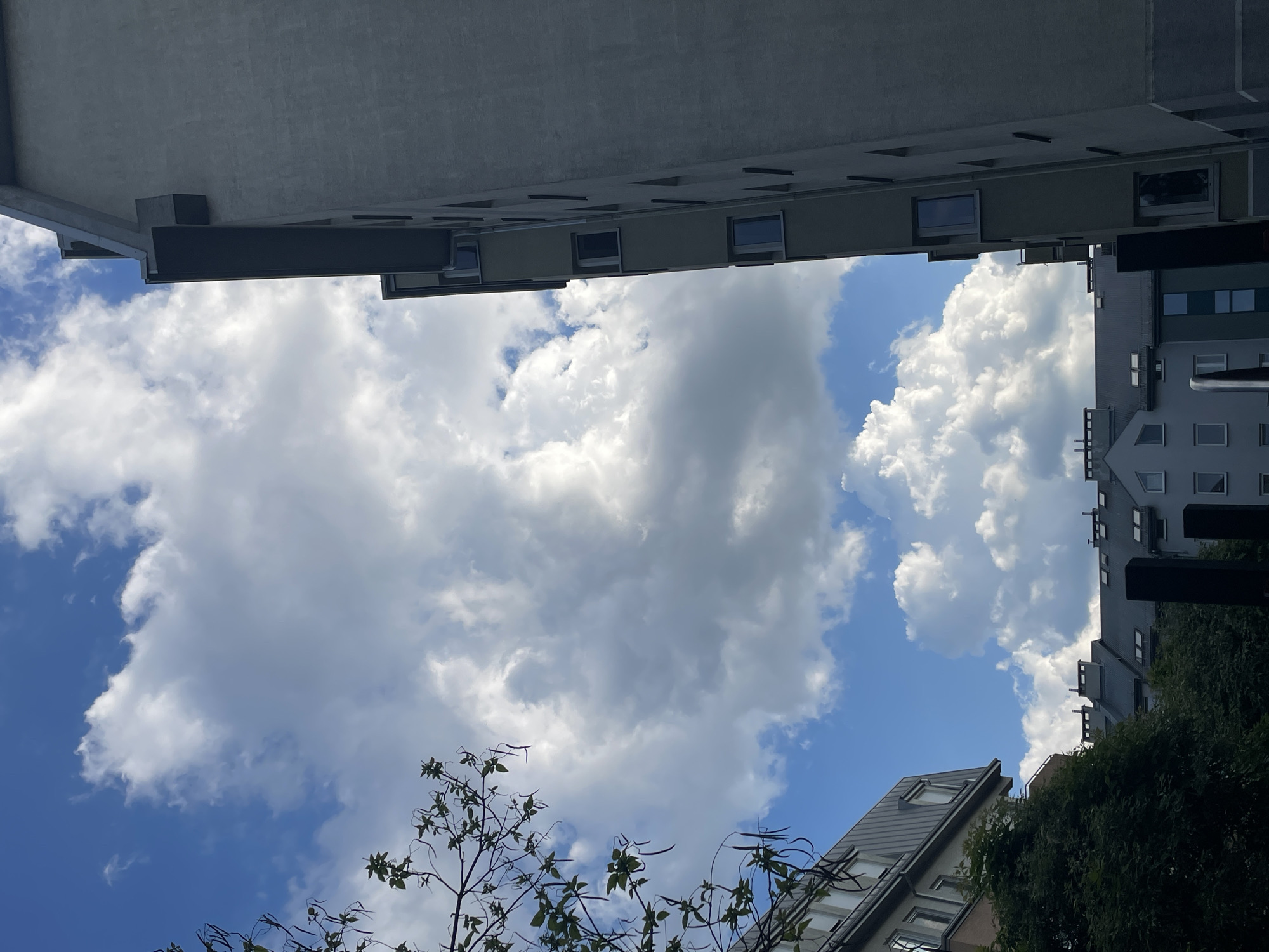 A low-angle shot frames the sky between buildings. The sky is blue with scattered white clouds. Above, a section of a grey building with regularly spaced windows is visible. To the right, another building rises, also grey, with a variety of window styles and a vertical dark structure obscuring part of it. Below, the tops of buildings with grey roofs can be seen, partially obscured by trees with green foliage.