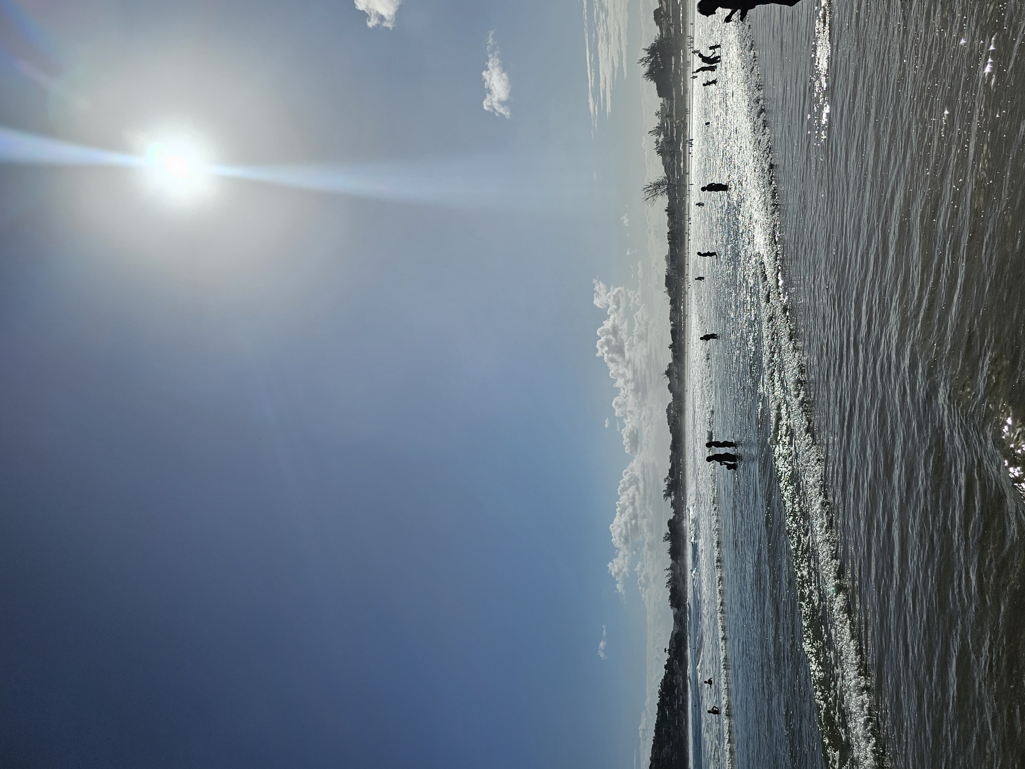 This image depicts a beach scene in Armação dos Búzios, Brazil. The sky is predominantly blue with a few scattered clouds, and a bright sun with visible rays. The beach stretches along the right side of the image with waves lapping at the shore. Silhouetted figures of people are visible in the water and along the shoreline, engaging in activities such as swimming or wading. The water appears to be reflecting the sunlight, causing a shimmering effect. A line of vegetation and buildings can be seen in the background, defining the edge of the beach.