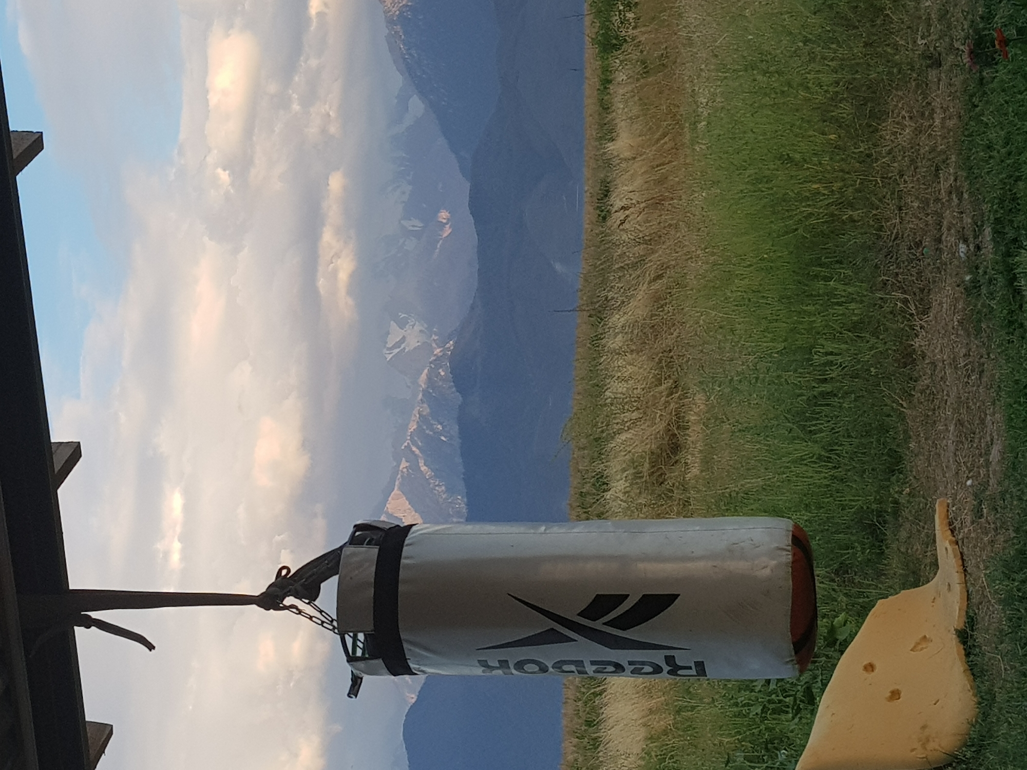 A Reebok punching bag hangs from a metal beam under a roof, suspended by chains. The punching bag is silver with a black Reebok logo. In the background, rolling hills of green and dry grass lead to distant, snow-capped mountains under a cloudy sky with patches of blue. A yellow, torn piece of foam padding lies on the ground in the foreground. The image appears to be taken outdoors in a rural or semi-rural setting, possibly in the vicinity of Ақдала, Kazakhstan.