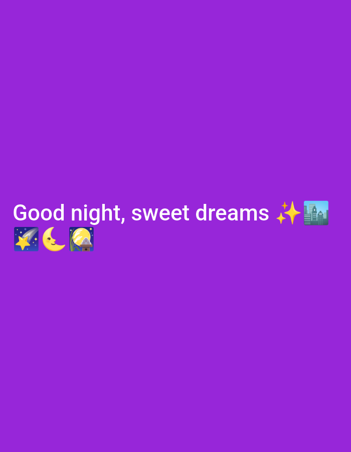 The image displays the text "Good night, sweet dreams" accompanied by emoji icons of a shooting star, crescent moon, nighttime scene, sparkling stars, and a cityscape. The background is a solid purple color. The image does not contain any visual information relating to the location of Juan Griego, Venezuela.