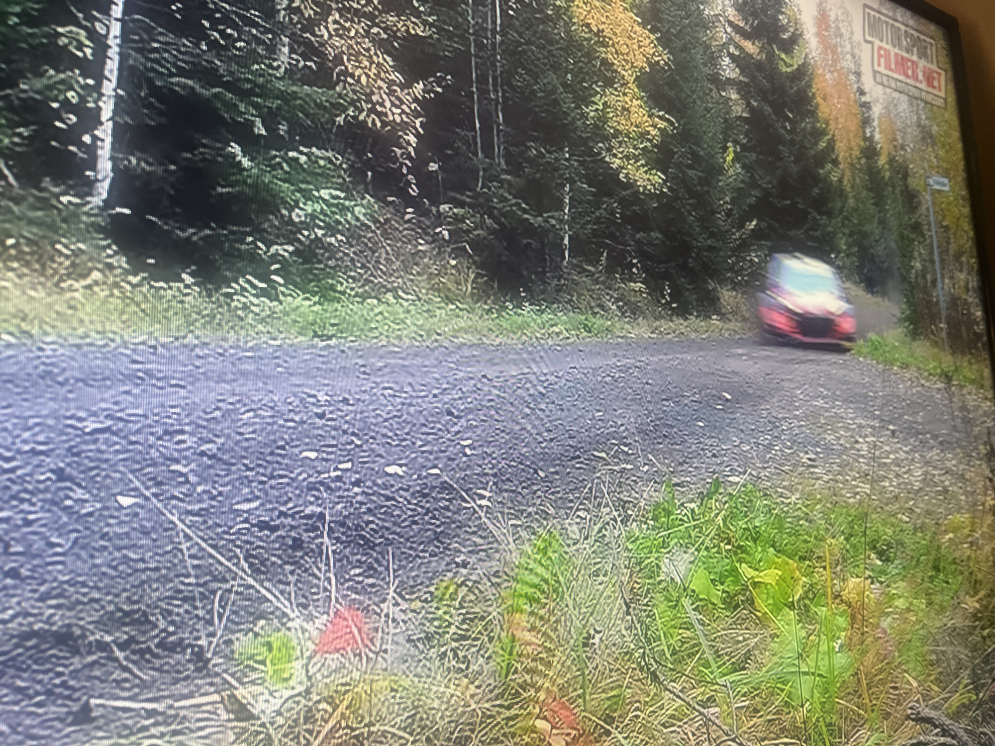 The image shows a red car on a dirt road, with trees on either side. The car is blurred, indicating motion. There is a sign in the upper right corner of the image that reads "MOTORSPORT FILMER.NET". The scene appears to be a rally race or a similar event. The environment is natural, with a wooded area and a dirt road. There are no people visible in the image. The location is stated to be the city of Masazir, Azerbaijan.