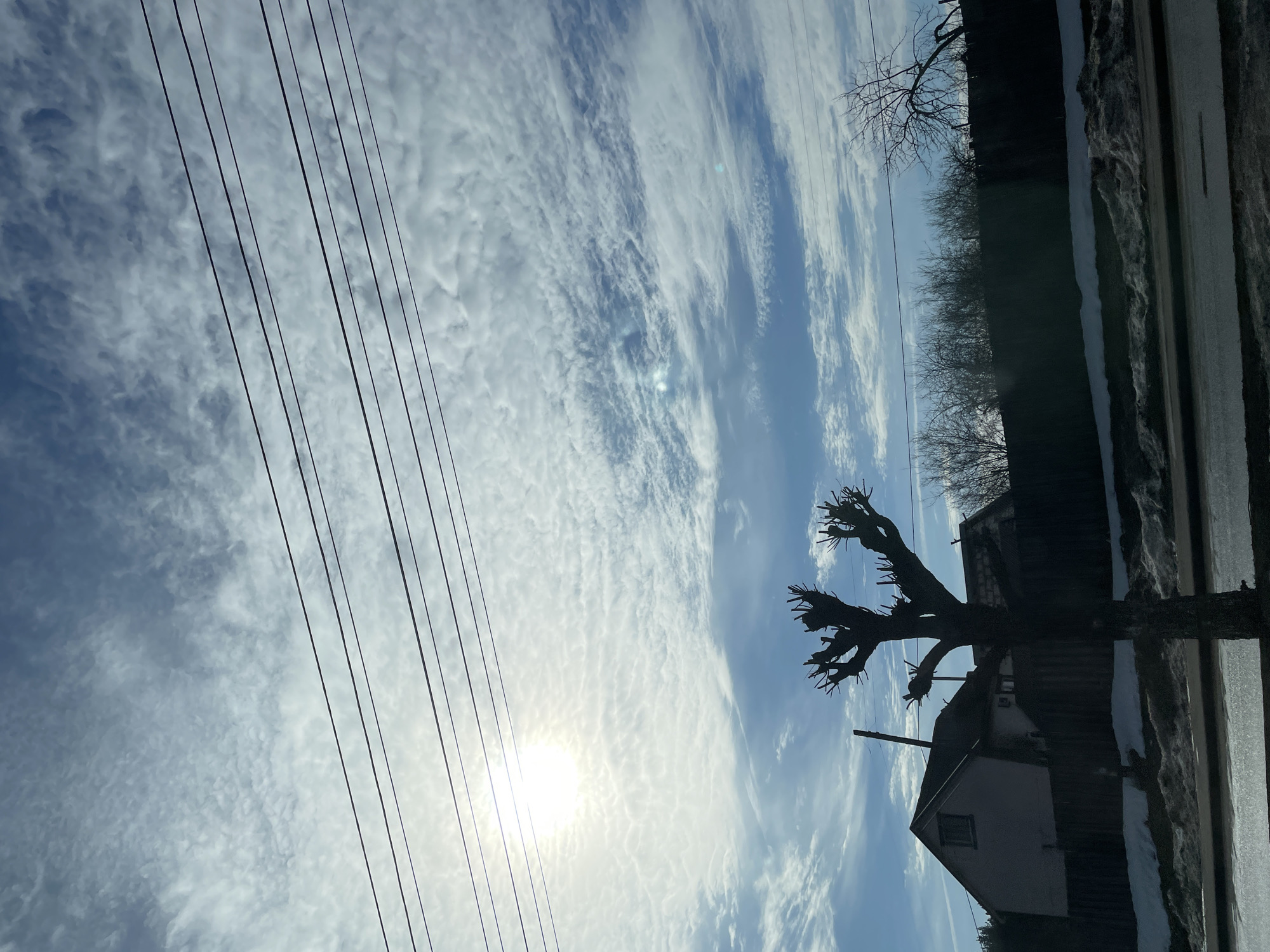 The scene depicts an outdoor environment in Izhevsk, Russia, under a partially cloudy sky with strong backlighting. The sun is visible as a bright, indistinct orb in the upper left quadrant, partially obscured by extensive, textured white clouds that cover most of the blue sky. Several dark, horizontal power lines are visible across the upper portion of the frame.
In the foreground, a dark, wet paved surface, consistent with a road, is present. Adjacent to this, irregular patches of dirty, melting snow and ice are distributed across the ground. A prominent, leafless tree with a heavily pruned canopy, exhibiting numerous stubby branches, stands in silhouette near the center-left. To the right, another silhouetted, leafless tree with a bent trunk is partially visible. Behind these trees, a long, dark fence extends horizontally across the midground. Beyond the fence, two houses are present. The house on the left features a light-colored facade, a dark roof, and a visible window on its gable end. The second house, further to the right, is partially obscured. No people, animals, or explicit interactions are visible. The presence of snow and leafless trees indicates a winter or early spring season.