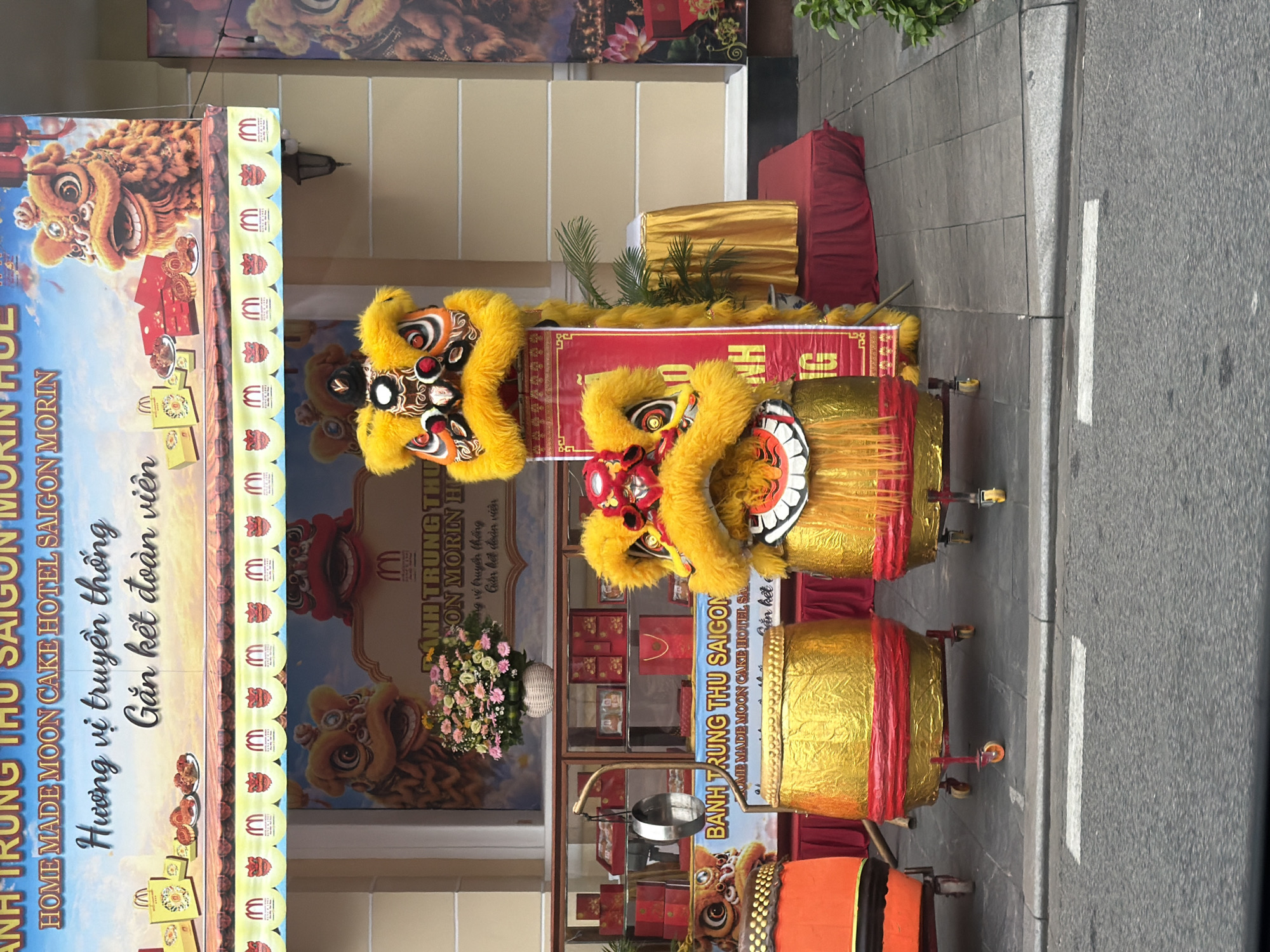 The image depicts a street view in Thuận Hóa Ward, Vietnam, likely in front of a business celebrating a traditional festival. In the foreground, two large, golden, drum-like objects wrapped in reflective material are positioned on wheeled carts. These drums are adorned with red bands and tassels. In front of the drums, two colorful lion dance costumes are visible, one predominantly yellow and black, and the other a vibrant orange with black accents. The lion dance costumes are elaborate, featuring plush fur, detailed facial features, and decorative elements.
Behind the lion dance costumes, a display window showcases boxes of mooncakes, a traditional Vietnamese pastry, along with decorative shopping bags. The background features a large banner with text in Vietnamese, which translates to "HOME MADE MOON CAKE HOTEL SAIGON MORIN" and "Traditional flavor, unity." The banner also displays images of lion dance heads and mooncakes. The architecture visible includes cream-colored walls and columns, with a prominent lamp fixture attached to the building. The overall scene suggests a festive atmosphere, possibly during the Mid-Autumn Festival. The street is paved with asphalt, and a sidewalk with gray paving stones is visible. Green foliage can be seen to the right of the frame.