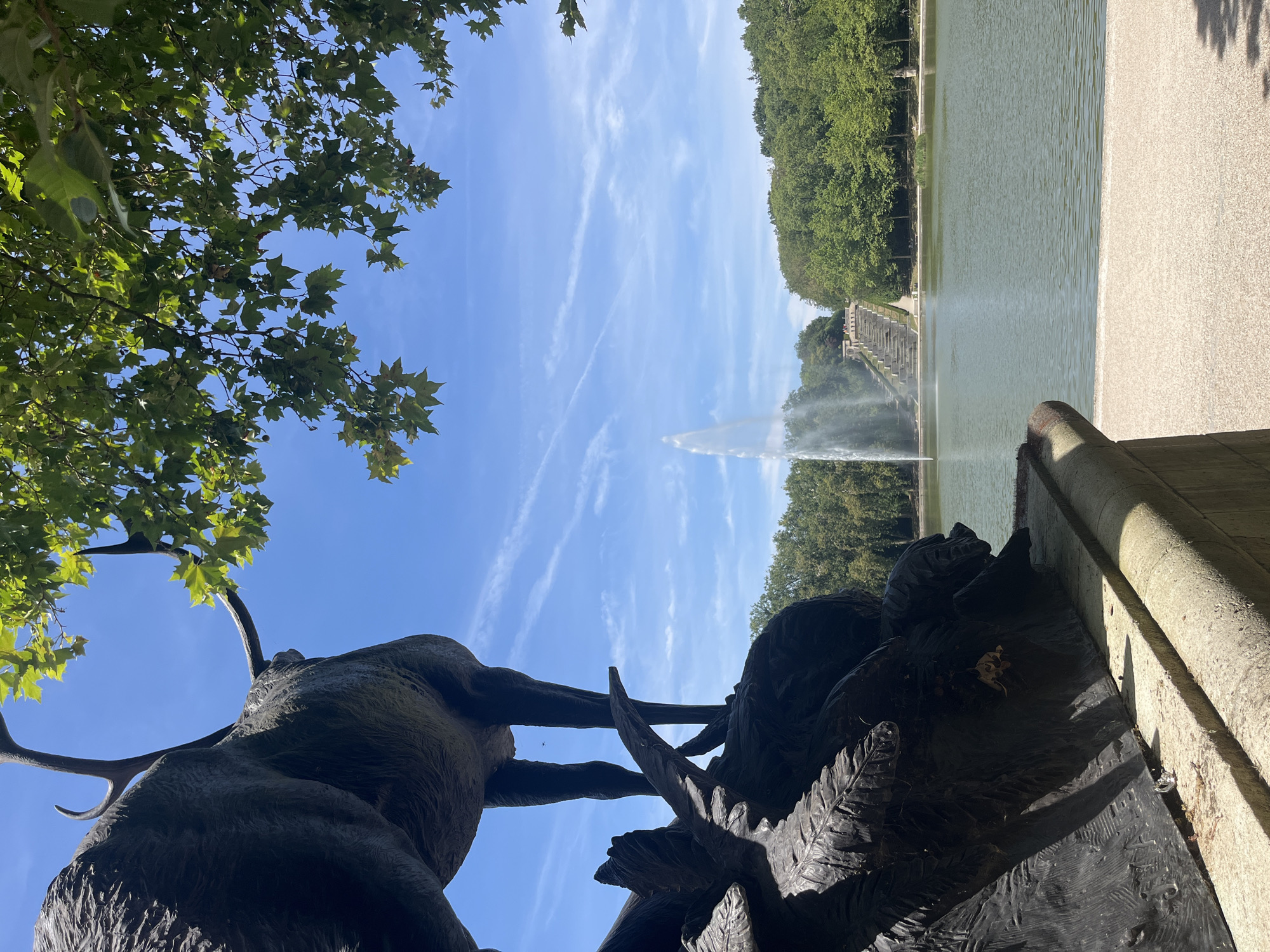 In Antony, France, a bronze sculpture of a deer is positioned in the foreground, its hindquarters and legs visible on the left side of the frame. The deer sculpture rests on a stone base. Beyond the sculpture, a serene body of water stretches across the mid-ground, its surface reflecting the clear blue sky. A tall fountain erupts from the water, sending a plume of spray upwards. In the background, a lush green forest borders the water, with a grand staircase leading up to a structure or terrace visible on the right side of the fountain. The sky above is a vibrant blue, dotted with wispy white clouds and contrails. Green leaves from an overhead tree canopy frame the top of the image.