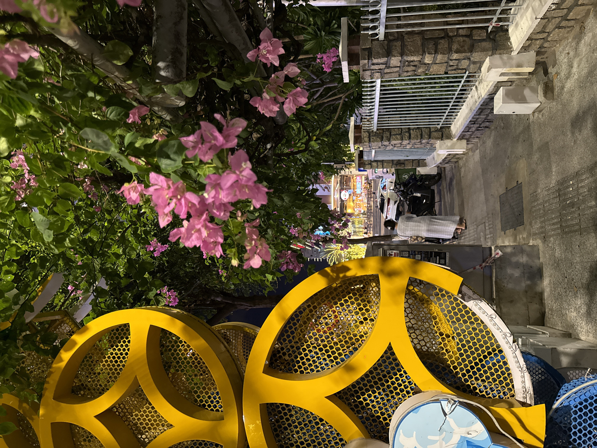 A night-time, low-angle shot captures an urban scene in Nha Trang, Vietnam, dominated by vibrant yellow decorative elements and flowering bougainvillea. In the foreground, two large, circular yellow structures with intricate mesh patterns are prominently displayed. To the right, a stone wall with a metal fence runs along a sidewalk. A person in a light-colored dress walks away from the camera down the sidewalk, which is bordered by trees with abundant pink bougainvillea blossoms. A parked motorcycle and a white car are visible further down the street. The background reveals a brightly lit commercial area with buildings and palm trees.