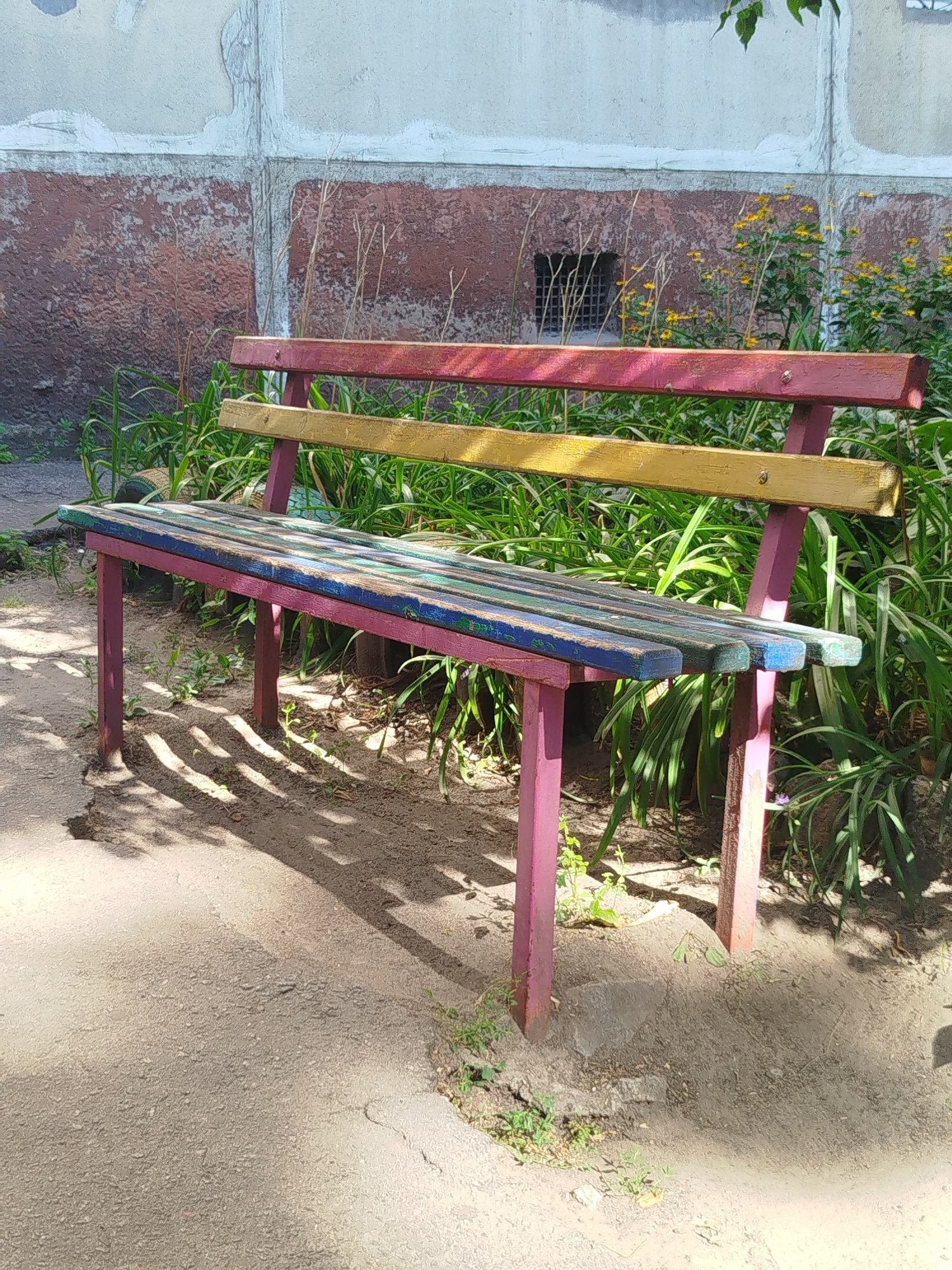 This image shows a vibrantly colored wooden park bench situated outdoors in the city of Kremenchuk, Ukraine. The bench has a pink frame and the seat and backrest are constructed from wooden slats painted in alternating bands of pink, yellow, and blue-green. The bench is positioned in front of a rough, textured wall that is a mottled reddish-brown with a lighter, greyish-white upper section. A small, barred window is visible in the wall behind the bench. Lush green foliage, including tall grass and some flowering yellow plants, grows behind and to the right of the bench. The ground in front of the bench is a gravelly, sandy texture, with dappled sunlight and shadows falling across it, indicating it is daytime. The overall scene suggests an outdoor public space, likely a park or a courtyard.