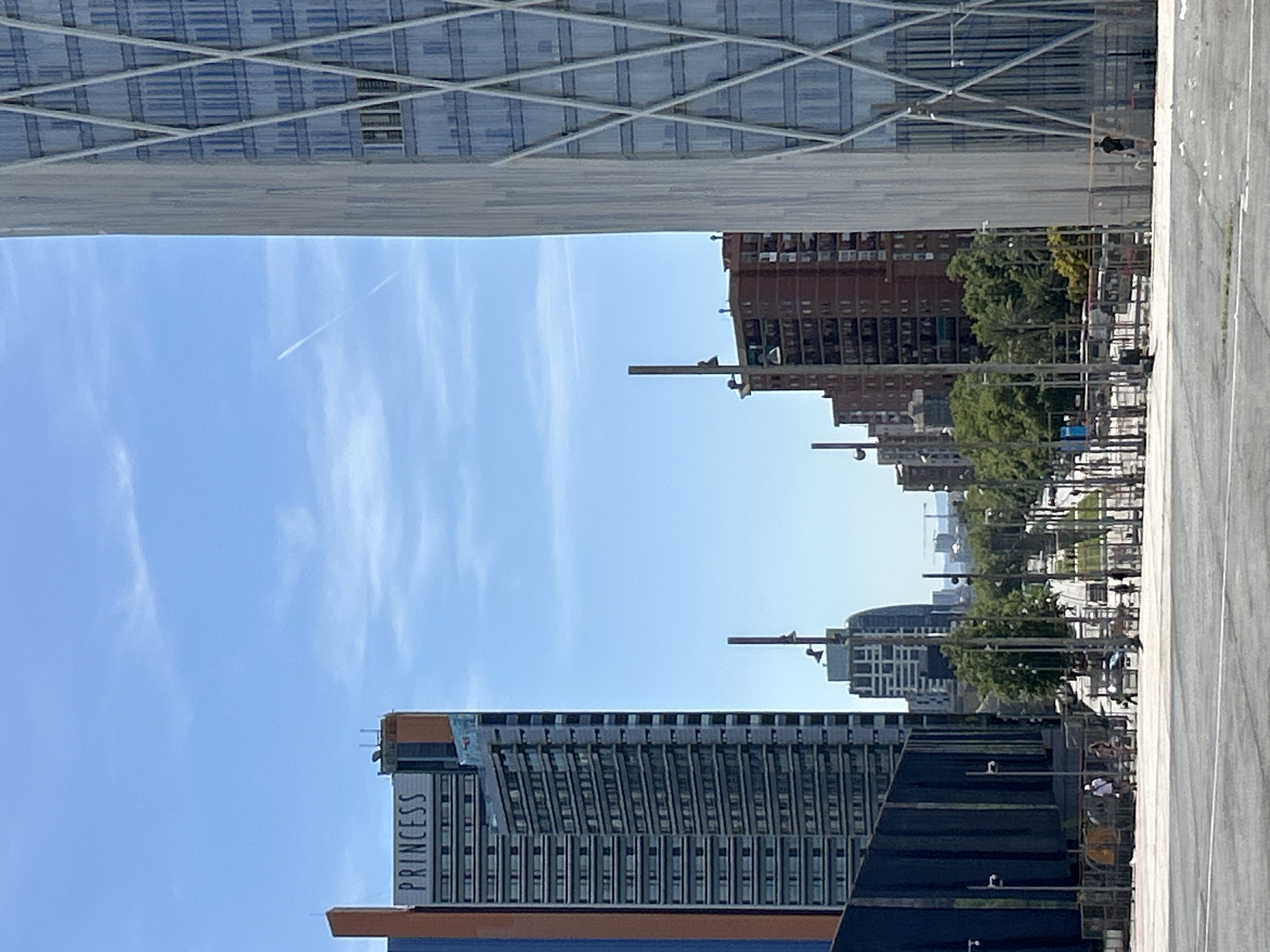 The image depicts a street scene in Barcelona, Spain, characterized by modern architecture and a clear blue sky with a contrail from an airplane. On the left, a tall, slender building displays the word "PRINCESS" in large, dark lettering across its upper facade. This building has a striped facade of alternating light and dark rectangular panels. Adjacent to it, and slightly to the right, is a darker, angled building with a dark blue facade.
To the right of the "PRINCESS" building and dominating the right side of the frame is a very tall, modern skyscraper with a distinctive geometric pattern of intersecting diagonal white lines over a blue-tinted glass facade.
In the mid-ground, a tree-lined avenue stretches into the distance, with several other buildings visible, including some reddish-brown brick structures and a white building with a grid-like facade. Poles with lights are strategically placed along the avenue.
In the foreground, a paved area, possibly a street or plaza, shows some litter scattered on the surface. A few individuals are visible in the mid-ground, walking or standing near the avenue, some accompanied by dogs. The overall impression is of an urban environment with a mix of older and contemporary architectural styles.