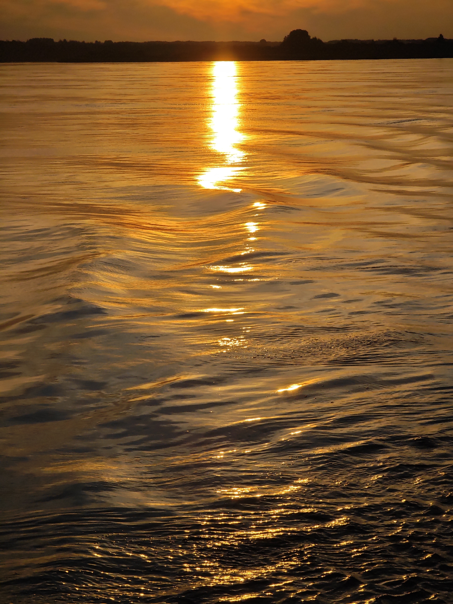 The image depicts a body of water at sunset, reflecting the golden hues of the sun. The horizon is lined with a dark, silhouetted treeline. The water surface is textured with ripples, creating patterns of light and shadow. There is a bright reflection of the sun on the water, extending downwards towards the viewer. No people or specific landmarks are visible. The scene is one of natural beauty and tranquility. The location is identified as Nazimovo, Russia, suggesting a geographical context for this natural phenomenon.