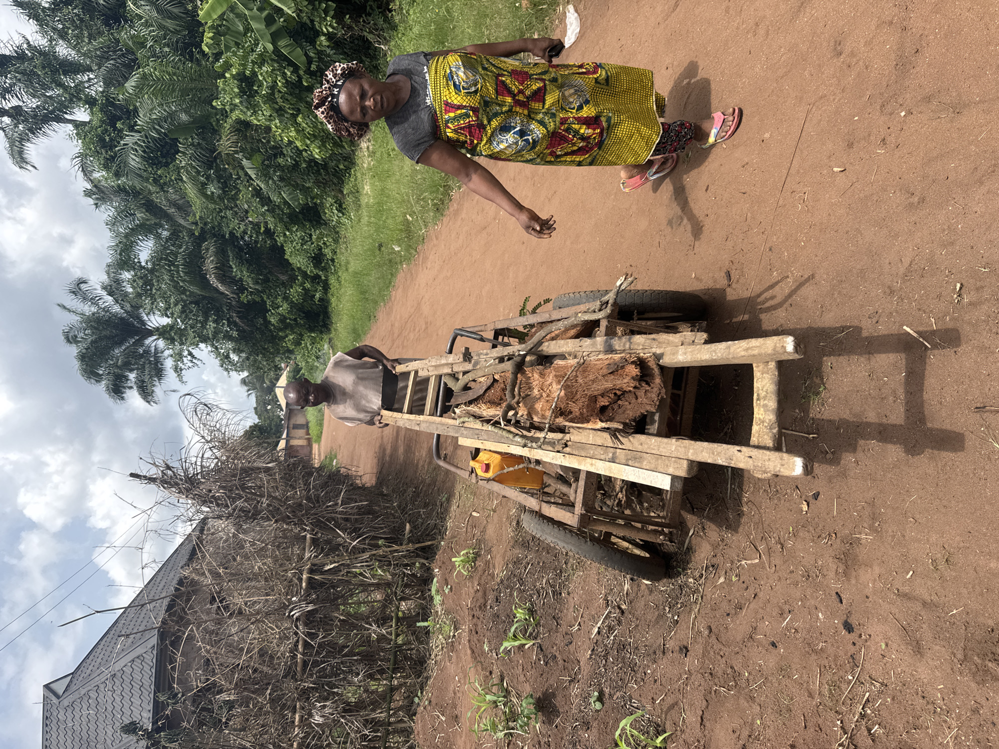 In Aboh, Nigeria, a dirt road scene features two individuals: a woman standing on the right, wearing a yellow and patterned dress with a headscarf, and a man pulling a wooden cart loaded with brown fibrous material and a yellow container. The background includes lush green vegetation, palm trees, and a structure with a brown roof. The environment suggests a rural or semi-rural setting.