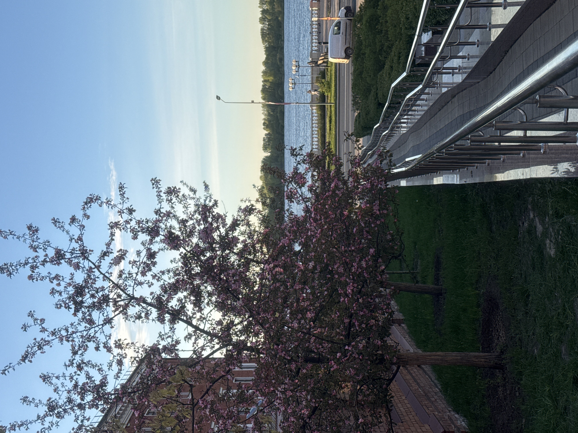 The image captures a scenic view in Nizhny Novgorod, Russia, likely during springtime. In the foreground, there's a blossoming tree with pink flowers, partially obscuring a brick building. Beyond the tree, the scene opens up to reveal a river, with trees lining its banks. Alongside the river, there is a road with a white vehicle visible. A row of streetlights can be seen along the riverbank. A set of stairs with a metal railing runs parallel to the road, creating a pathway. The sky is a gradient of blue, suggesting either early morning or late afternoon light. The setting suggests a blend of urban and natural environments.