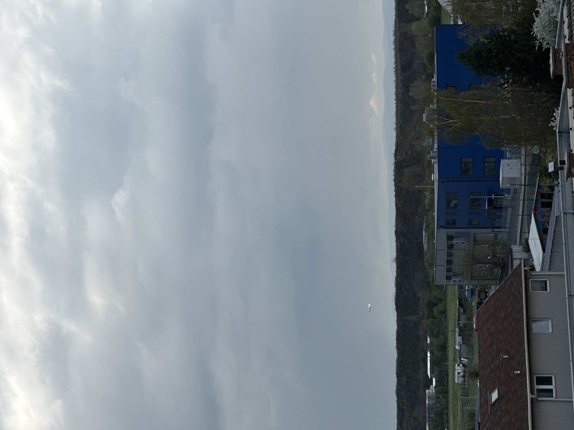 The image shows a view of Sofia, Bulgaria. A multi-story blue building is visible, along with adjacent structures and trees. In the foreground, the roof of a building is visible. A long stretch of greenery, possibly a park or wooded area, extends into the distance. The sky is overcast with heavy clouds. A small plane is visible in the distance.