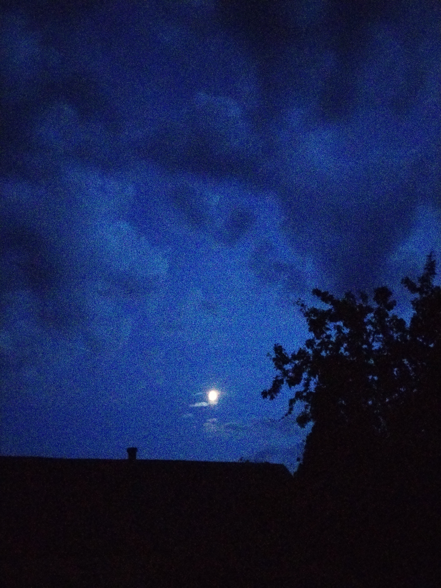 This is a night photograph taken in Ustyvytsia, Ukraine. The scene depicts a dark, cloudy sky illuminated by a bright moon. The moon is partially obscured by clouds, creating a hazy glow. In the foreground, the silhouette of a building's roof is visible, with a small chimney-like structure protruding from it. To the right of the frame, the dark silhouette of a tree with dense foliage adds to the nocturnal ambiance. The overall mood is serene and slightly mysterious, evoking the quiet stillness of a night in a rural setting. The time of day is clearly nighttime, given the darkness and the presence of the moon. There is no visible text in the image.