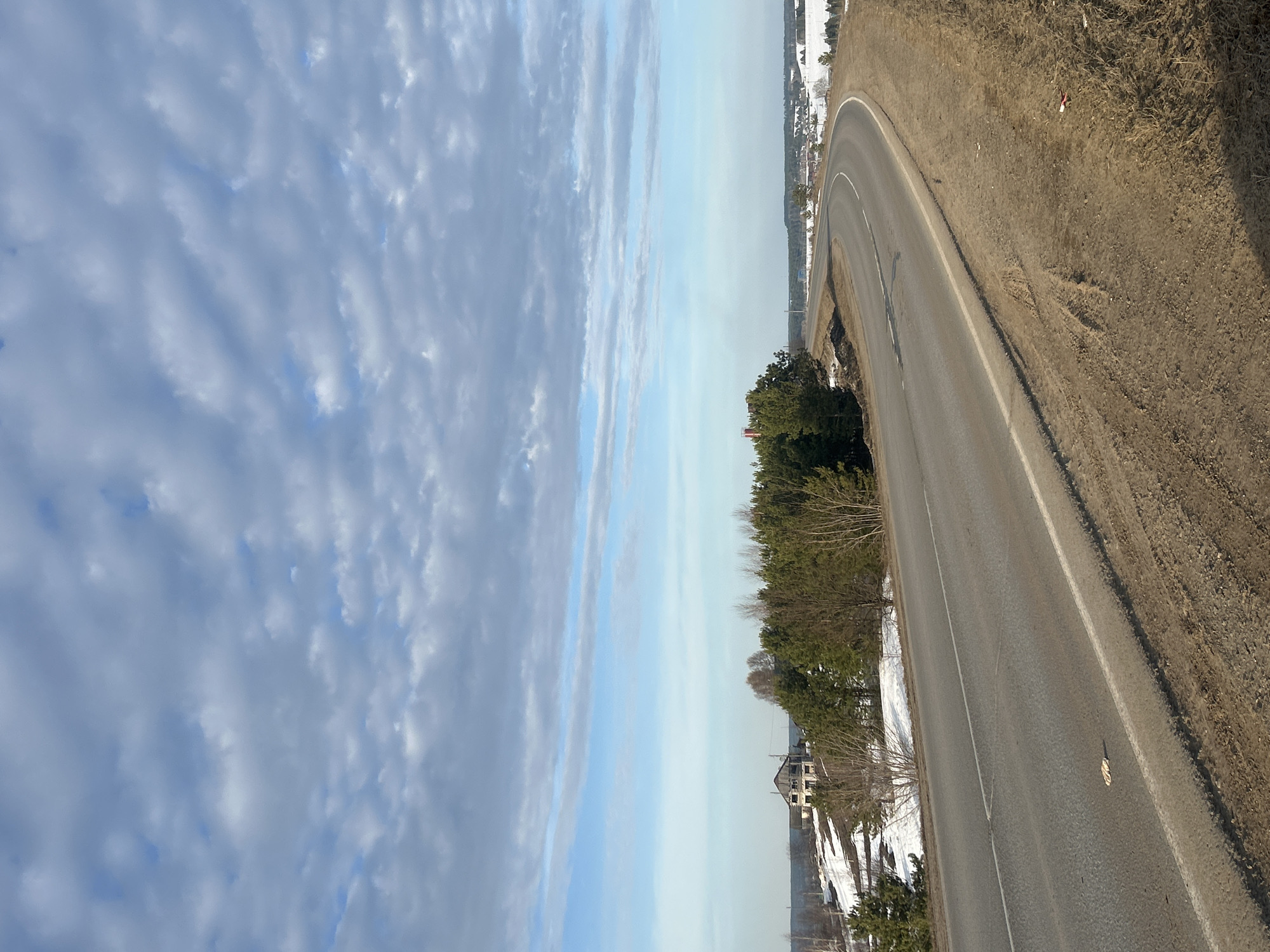 The image depicts a two-lane asphalt road curving through a semi-rural landscape in Фоки, Russia, under an overcast sky. The road, featuring a solid white fog line on its right edge and a broken white center line, appears dry and clear, with a light-colored piece of debris (possibly fabric) resting near the center in the foreground.
To the immediate right of the road is a wide, unpaved dirt and dry grass shoulder showing faint tire tracks. Beyond this, the terrain slopes gently downwards, revealing patches of melting snow and distant residential or agricultural buildings.
To the left of the road, the shoulder transitions into a steeper dirt embankment partially covered with melting snow. Further up the slope, a dense grouping of evergreen trees and bare deciduous trees is present. Above the trees on the left horizon, a multi-story, light-colored building with a dark roof stands on a distant hill, appearing partially constructed or weathered. A tall, slender red industrial structure (possibly a chimney) is visible behind the trees on the left side, further along the road's curve.
The sky occupies the upper two-thirds of the frame, characterized by numerous scattered, undulated altocumulus or stratocumulus clouds, presenting a mottled grey and white appearance against a lighter blue horizon band. No people or vehicles are visible. The presence of melting snow and bare deciduous trees suggests an early spring season.
