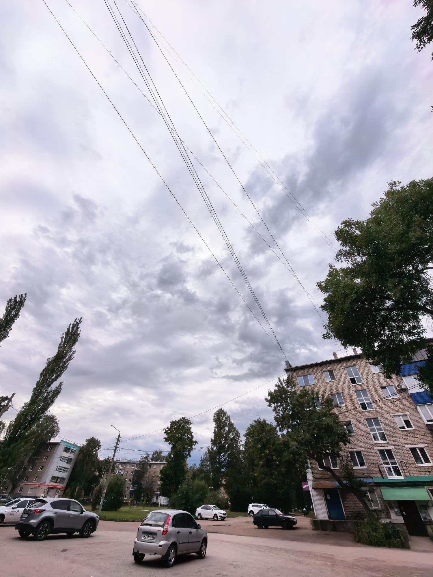 This is a low-angle, medium shot of a street scene in Sterlitamak, Russia, under a cloudy sky. The foreground features a paved area with several parked cars, including a silver hatchback and a silver SUV. In the midground, there are more cars, trees, and apartment buildings. A notable apartment building on the right is made of brick and has multiple windows. A large green tree with dense foliage is positioned in front of this building. In the background, several other apartment buildings and trees are visible, with a street lamp also present. Thin power lines crisscross the sky diagonally, stretching from the left to the right of the frame. The lighting suggests it is daytime, possibly overcast or late afternoon.