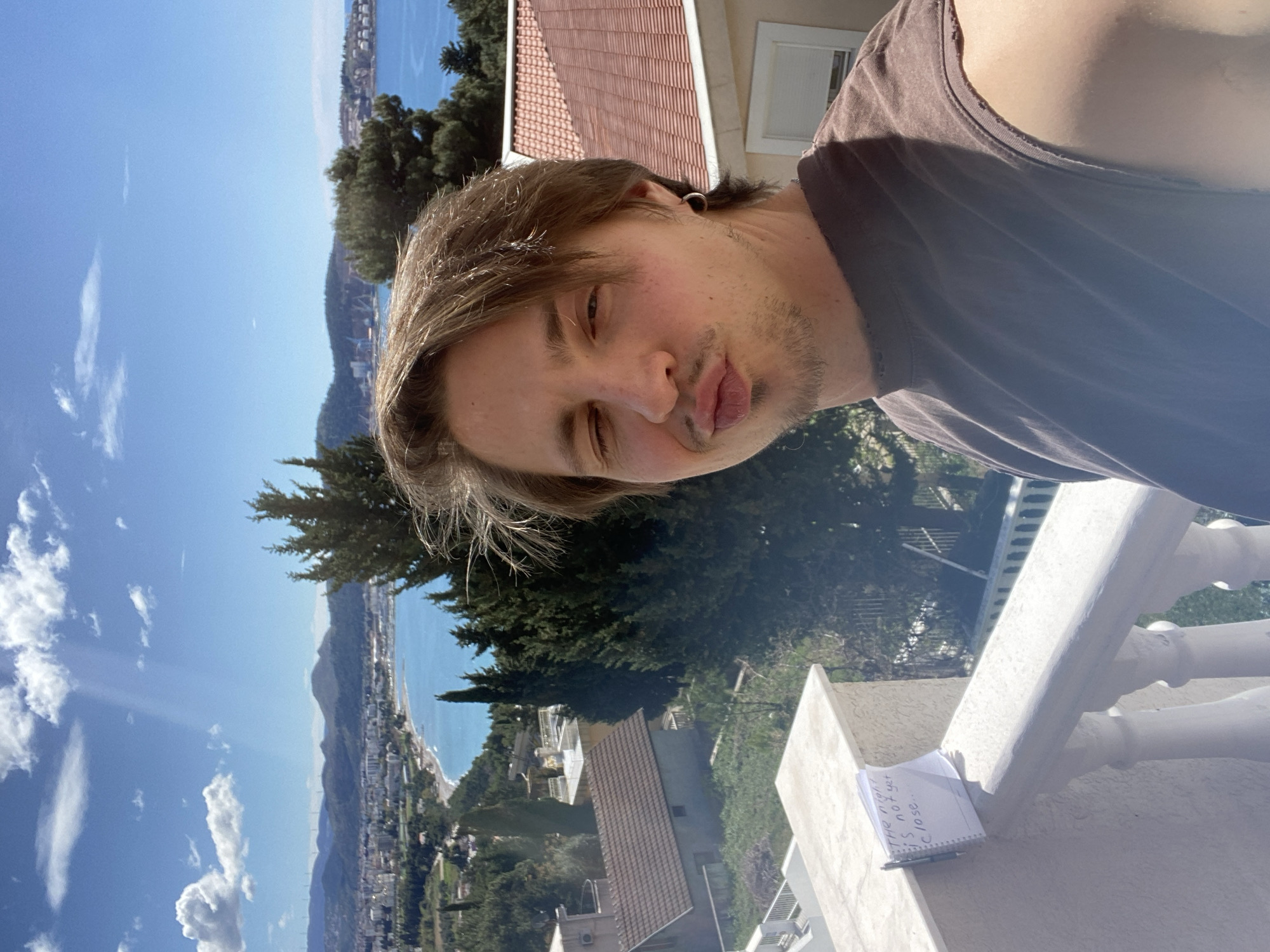 A man takes a selfie outdoors, presumably on a balcony or terrace. He is fair-skinned with medium-length brown hair, wearing a gray t-shirt and an earring. He is making a kissing face towards the camera. In the background is a coastal scene. Trees and rooftops are visible in the foreground, and beyond that is a body of water, a coastline, and mountains. A pad of paper with handwriting is resting on the balcony next to a pen. The setting is Šušanj, Montenegro.
